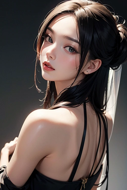 tsuruta ichiro, Narrow-eyed, 1girl in, Allback、deadpan、short-hair、shorth hair、brow、Reluctance、A dark-haired、Tucked Hair Solo, Cowgirl, Onepiece, ((mideum breasts)), Thin slit eyes、Black eyes, Light shines on the eyes、Black hair, gloves, Dress, Luxurious Jewelry, earrings, sharp eye、 elbow groves,Raise your hands and tie your hair back, random color, random color dress, Makeup for long eyes, Slender eyes、lip stick, Complex petal pattern, Rim Light, Back Light, pastel color,Studio Lighting