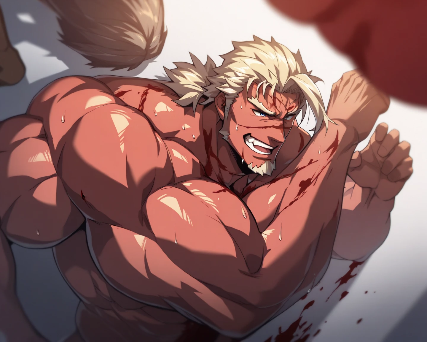 (masterpiece),(highres),(intricate details:1.4),extremely detailed,(illustration:1.2),8k,photorealistic,exquisite,solo, (Bold perspective),aged,elder male lion ,muscular, (Ancient Greek mythological style;1.8)(white robe:1.6),manhood,safeguard,(white hair:1.3),long hair,long white beard,scar,(badly damaged),(sacrifice),hurt,broken body ,(bleeding:1.9) ,(killed by his brother:1.9),(his chest was hit by an arrow:1.9)