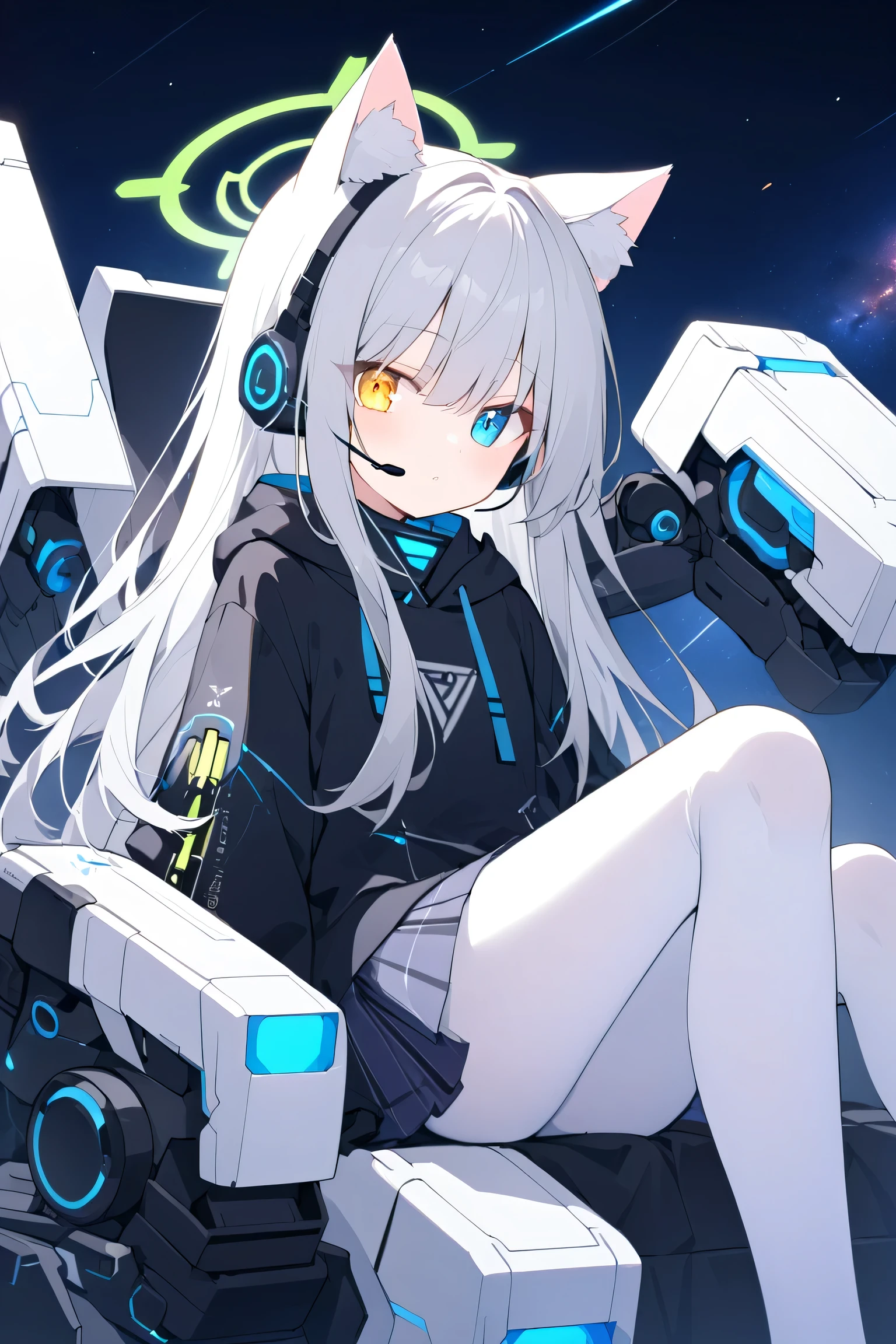 style_name,style_name,Japanese Anime,long hair,Silver Hair(尾部Luminescence( blue)),girl,white cat ears,Alone,Heterochromia(Left blue right yellow,Luminescence),headset with cat ears(Luminescence),flat chest, black hoodie( blue条纹), skirt,Black Robes, blue领带,black gloves( blue条纹),night,white pantyhose,Bionic Man,Green halo,green halo ,Sitting,Mechanical pupil,Space、Robotic Arm( blue条纹),black gloves