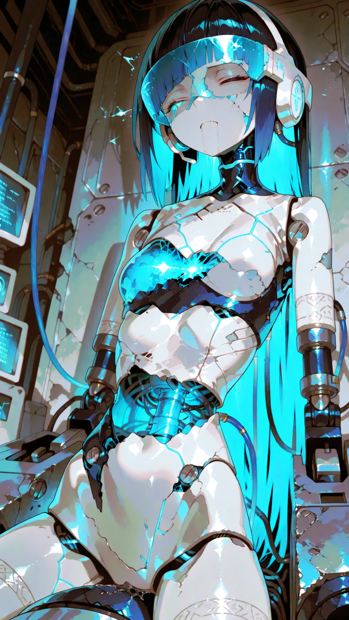 (quality)), ((masterpiece)), Recommended results、Puffy nipples、(see through:1.5)、straighten your back、abdominal muscles、huge bust、angle to floor:1.2、low camera angle、Hair loss on crotch,Hatsune Miku,Super detailed)), (Highly detailed CG illustrations), ((extremely delicate and beautiful)),(from the side),Light,((1Mechanical Girl)),alone,whole body,(Machine made joints:1.2),((mechanical limbs)),(The blood vessels are connected to the tube),(Mechanical vertebrae attached to the back),((Mechanical cervical spine attached to the neck)),(sitting),Poker face,(wires and cables attaching to neck:1.2),(wires and cables on head:1.2)(Character focus),Science fiction,Extremely detailed,rich and colorful,most detailed
