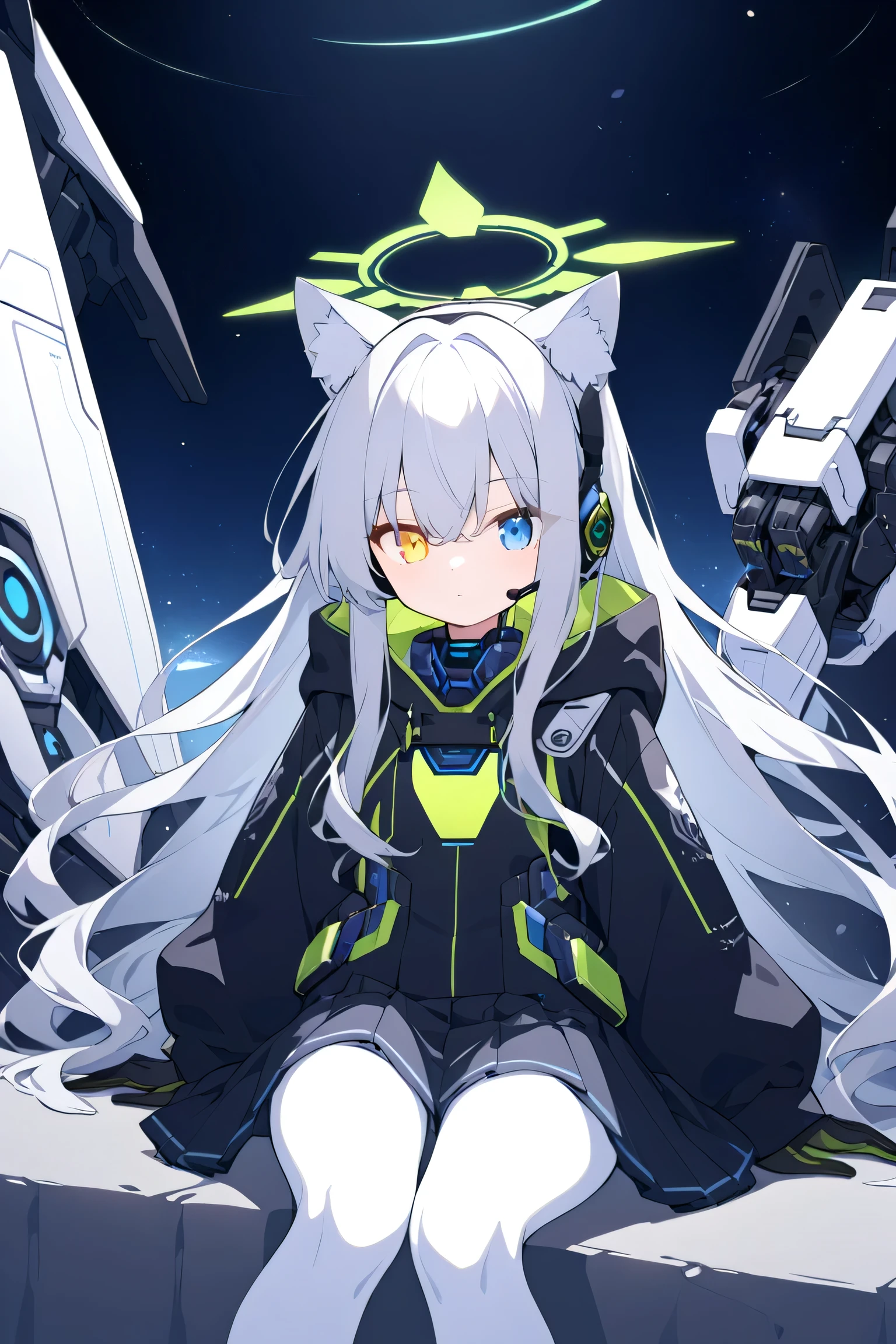 style_name,style_name,Japanese Anime,long hair,Silver Hair(尾部Luminescence( blue)),girl,white cat ears,Alone,Heterochromia(Left blue right yellow,Luminescence),headset with cat ears(Luminescence),flat chest, black hoodie( blue内部染色), skirt,Black Robes, blue领带,black gloves,night,white pantyhose,Bionic Man,Green halo,green halo ,Sitting,Mechanical pupil,Space、Robotic Arm,black gloves