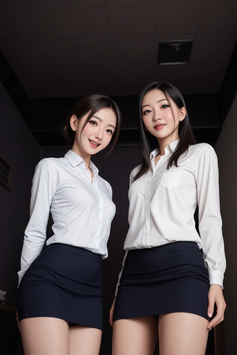 (A selfie photo of two beautiful Japanese office girls), Both looking at the camera, ((Both standing closely)), (in the office), (Both laughing), Highest Resolution, masterpiece, (Both wearing elegant formal white long-sleeve blouse, white bow-tie and lingerie-panties), All wearing earrings