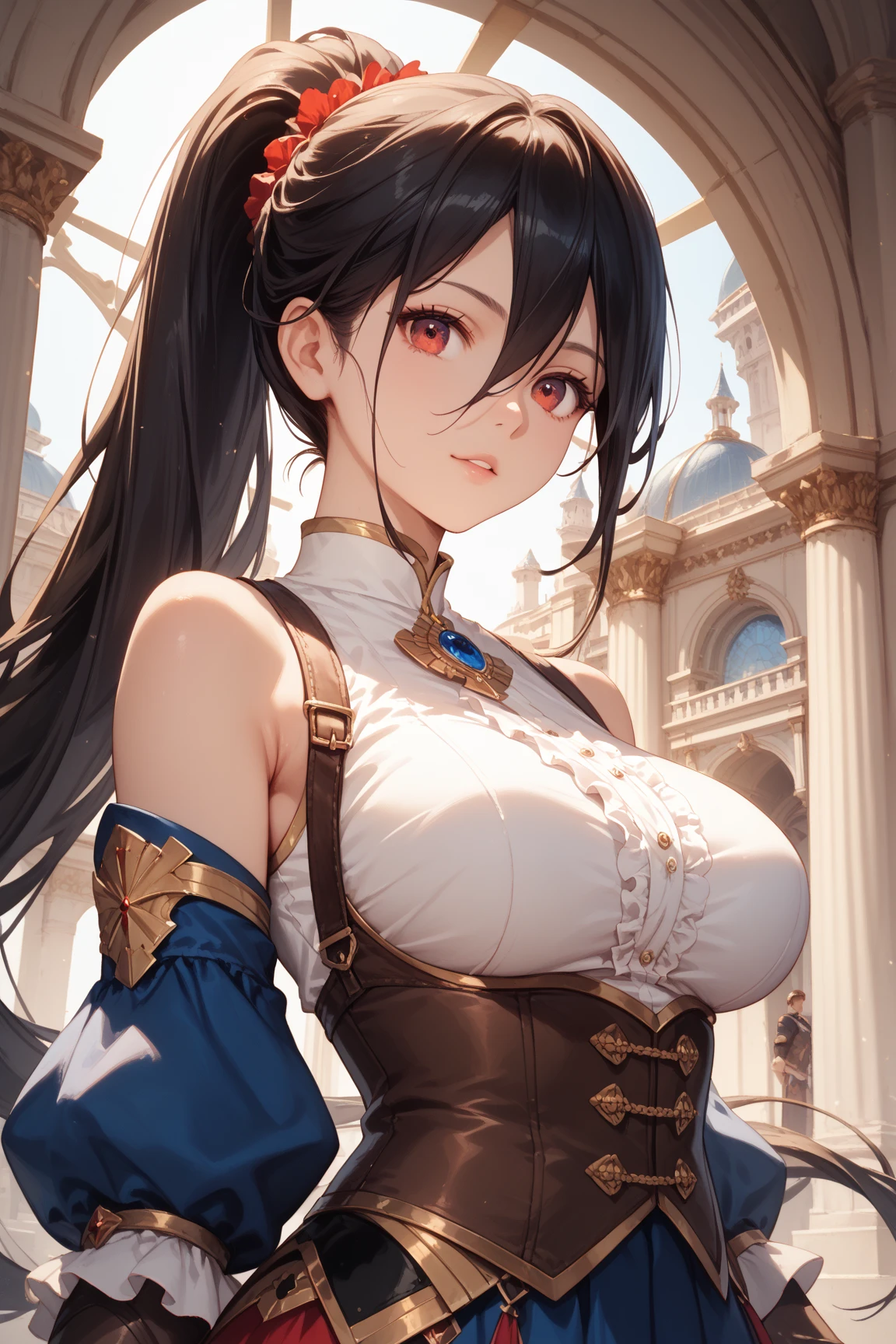 A highly detailed anime art style, a beautiful woman, ((solo standing)), ((perfect human body)), ((perfect face)), bottomless, animal ears, small pupils, realistic face, bangs, blush, bodysuit, ((robotic parts)), breasts, impossible clothes, large breasts, long hair, long sleeves, looking at viewer, fantasy background, skin tight, smile, solo, twintails, upper body, very long hair, fantasy background, white gloves, [alice] \(nikke\), (masterpiece:1.4), (best quality:1.4), (shiny skin)
