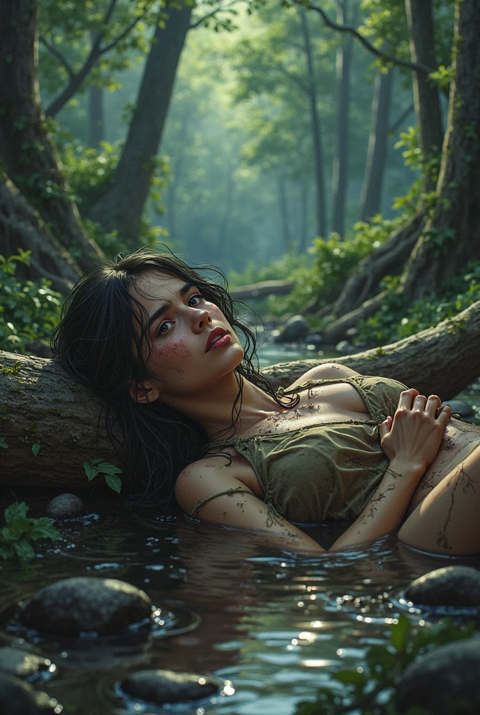 a woman mired in the tar pits of yesterday to crawl onto the grim shores of today, nude, a new year, yesterday fades into memory but leaves it's scars behind, tomorrow is promise and the past is putrid sludge, facing the viewer, flowers spring up in the foreground, hope rises from the devastation, atmospheric, (8k), rim lighting
