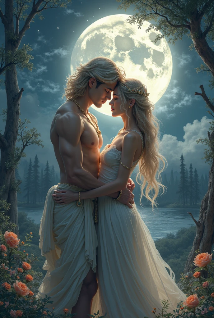 Loving couple in a celestial landscape, young dark-skinned couple in their 20s, in a lake, a man and a woman, he is a divine prince with long curly brown hair, she is a mixed-race blonde princess with grey eyes, Full body, 8K, extremely detailed, high quality, (photorealistic:1.37), Full body, ideal proportions and defined complexion, meticulously crafted features, unreachable beauty, perfection, breathtaking elegance, g curves, goddess-like figures, divine symmetry, artistic masterpieces, vivid realism, hyper-detailed sculptures, life-like forms, truly awe-inspiring, impeccable craftsmanship, pure radiance, ethereal beauty, delicate contours, striking poses, sublime beauty, subtle nuances, dynamic compositions, vibrant colors, perfect lighting, soulful expressions, celestial aura, majestic presence, dreamlike atmosphere, unmatched gdetailed octane render trending on artstation, 8 k artistic photography, photorealistic concept art, soft natural volumetric cinematic perfect light, chiaroscuro, award - winning photograph, masterpiece, perfect composition, beautiful detailed intricate insanely