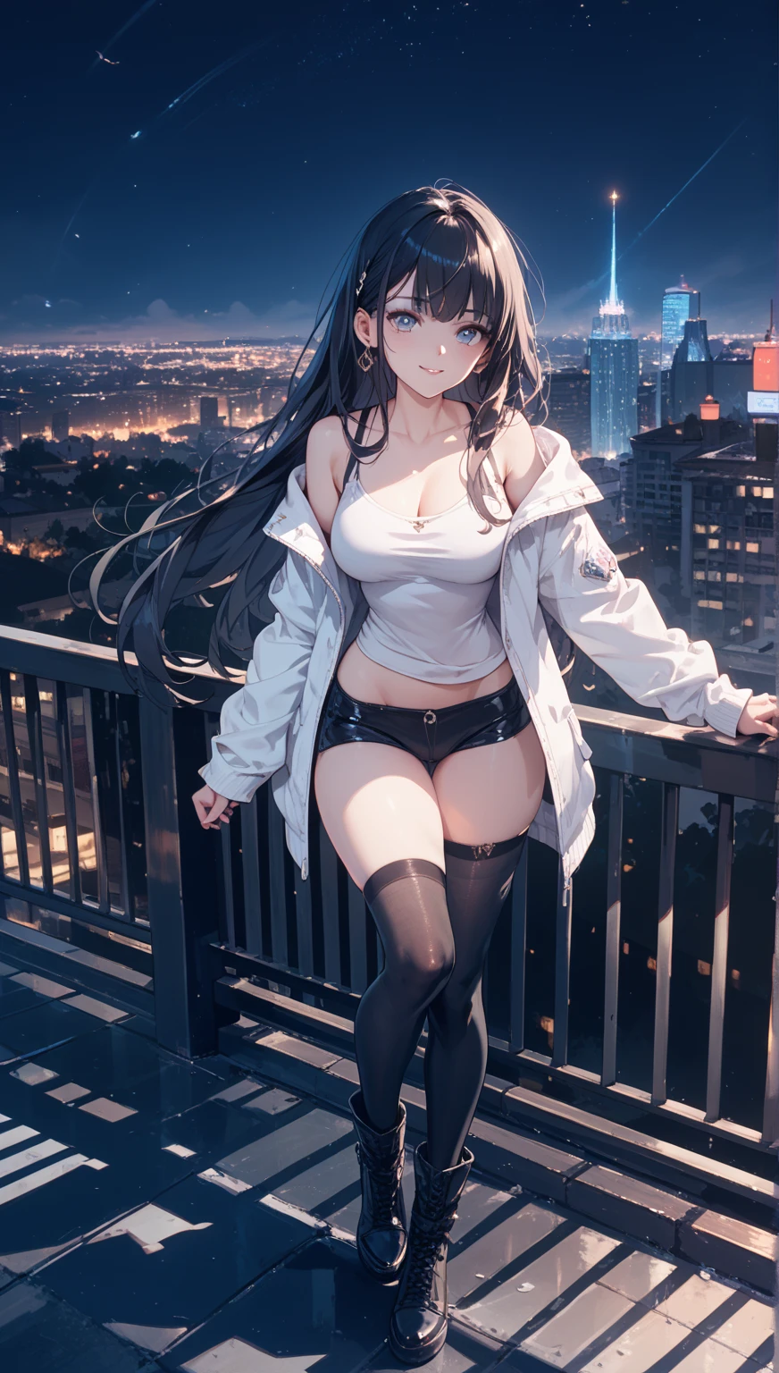 Gloomy post-apocalyptic cyberpunk atmosphere in gray steel and dark green lights, ((gloomy portrait of demon girl)), ((dark gray skin)), Long hair, (no clothes), (big breasts, in bra) leans in a steel class, Good clothes, purple eyes, cold lighting, on a roof, hopeless giant city, landscape of abandoned houses, dark gloomy urban cityscape, dark, black sky, dark night, horror atmosphere, Perfect anatomy , work of art
