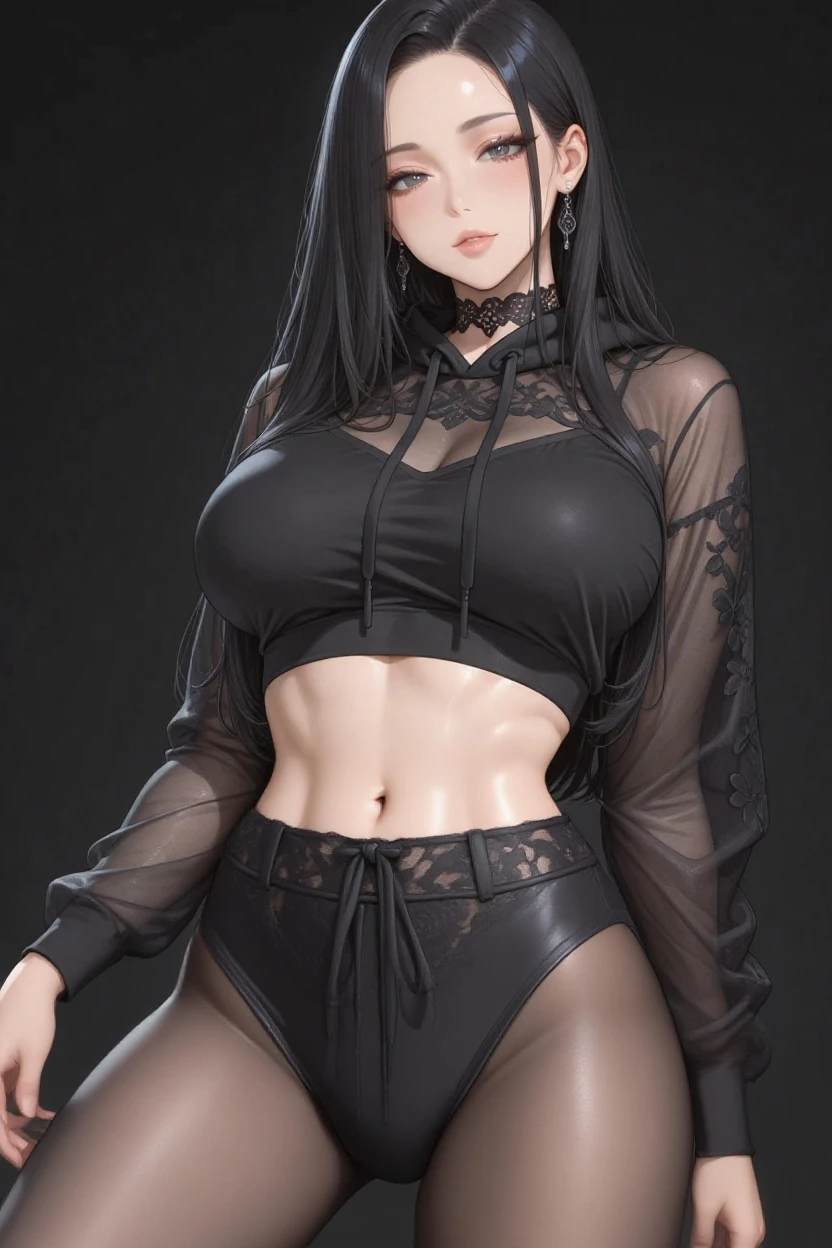 1 girl, muscular, black hair, red eyes, white skin, solo, goth, shoulder length hair, curvy, very wide hips, large ass, narrow waist, thick thighs, very huge breasts, black choker, black tank top, black jean booty shorts, sultry smile, navel piercing, midriff six-pack abs, visible cleavage
