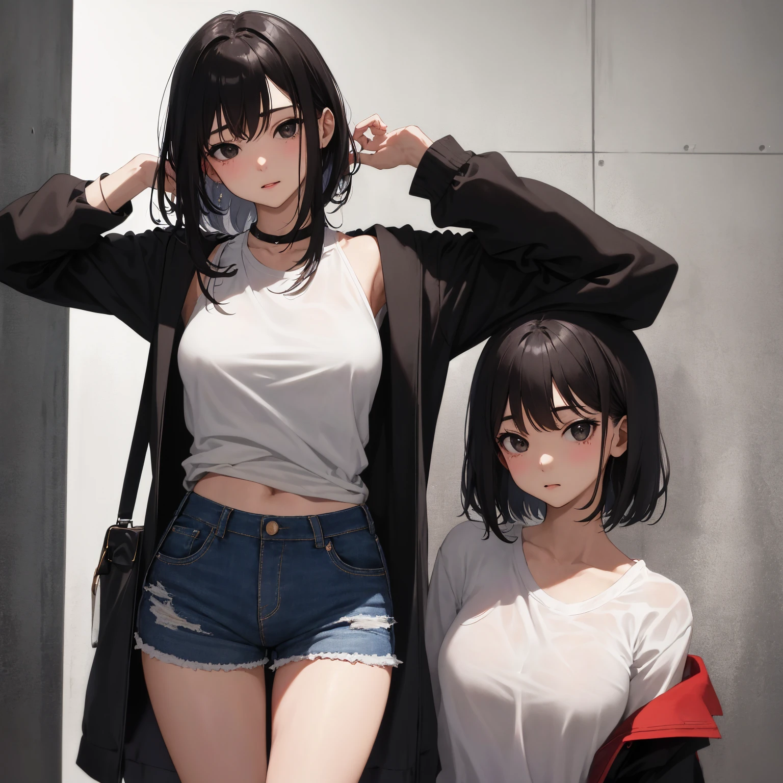 whole body, photorealistic, delicate facial features, medium tits, medium hair, black hair, tearful mole, earring, t-shirt, cargo pants, shorts, wet,