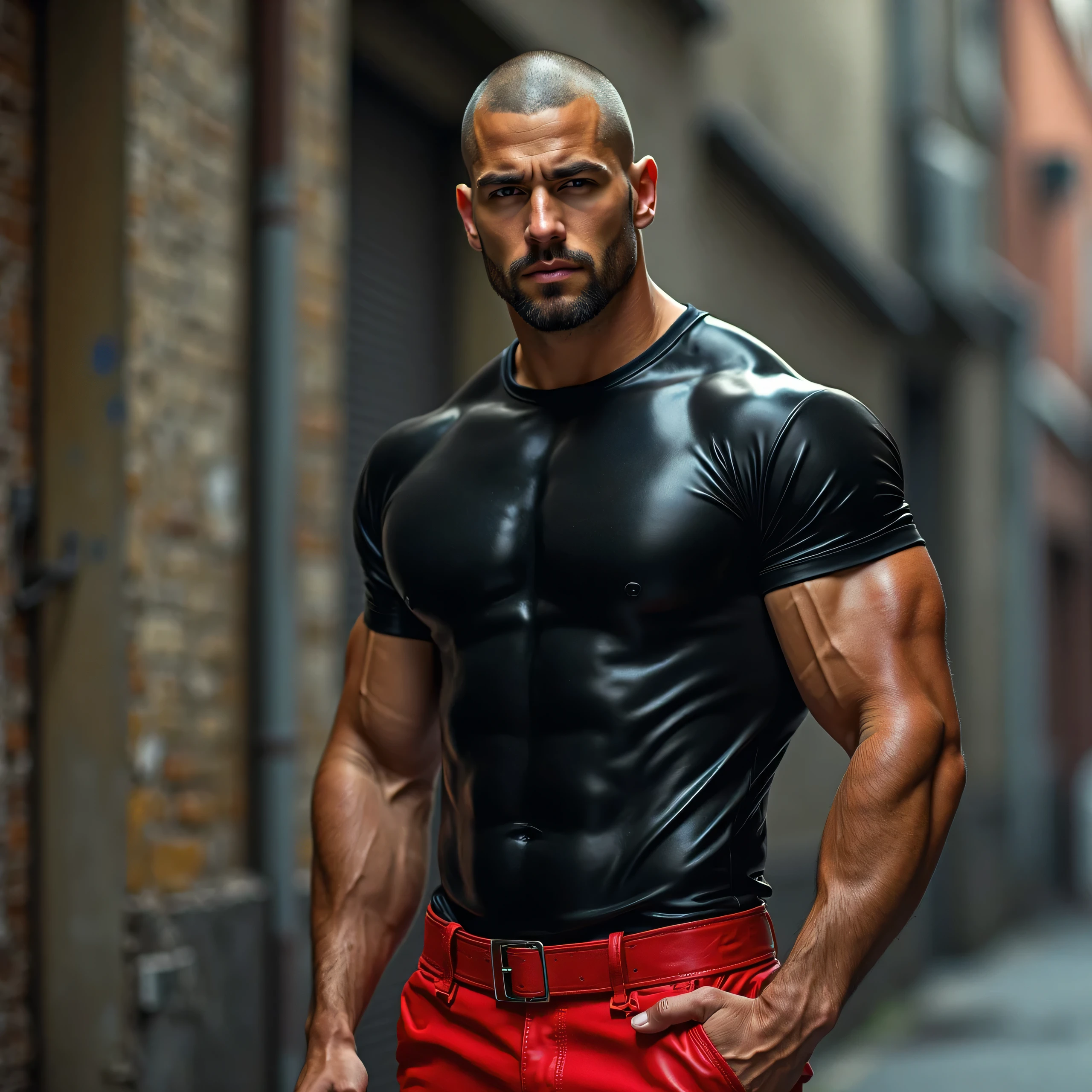 Guy wearing tight black leather tank top,standing in simple studio background,big biceps,muscular poss,wearing black leather pants,muscular body,abdominal muscles,nipples,chest