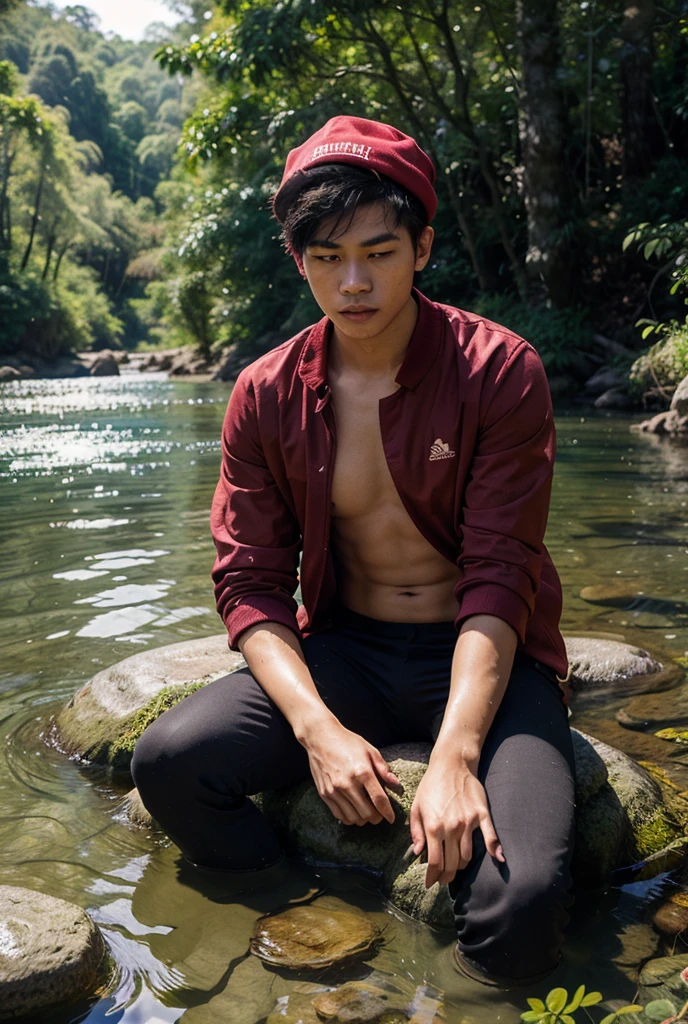 Filipino teenager, in the rain, holding a pet green viper snake, wearing boxers only, Snapshot style, Aesthetic, onii kei, Captivating gaze style, Pictorial drama, snapshot, Aesthetic, Dark gray and light blue, strong facial expression,Photo shooting