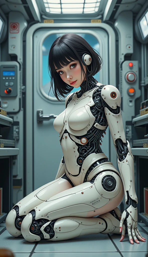 (((Woman))), (((best qualityer))), (((masterpiece))), (((Gynoid))), (((1 girl))), (((metal skin))), (((hezagonal carbon suit)), (((1 girl))), A futuristic gynoid game girl with high-tech exoskeleton and complex appearance, 18 year old woman with perfect body, clean face, ((( tight blue, red and white clothes in metallic colors ))), (((black look with red and white checkered print ))), Quase nova no estilo selvagem urbano de Hajime sorayama para a capa da revista Heavy Metal, Spectacular futuristic graphics, Minimal clothing, (((metallic black body))), (((from the knee up))), ((( short hair cuts ))), a spaceport in the background, (((self-contrast of the character with the background))), two tone lighting, film grain, Cyber world, Acrylic Comix, sorayama