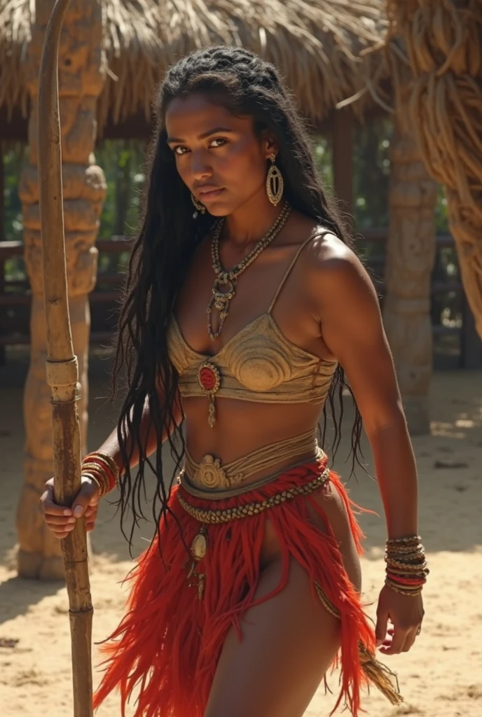 A native slave woman in ancient Maya, inside a stone temple, unhappy, full body view, SFW