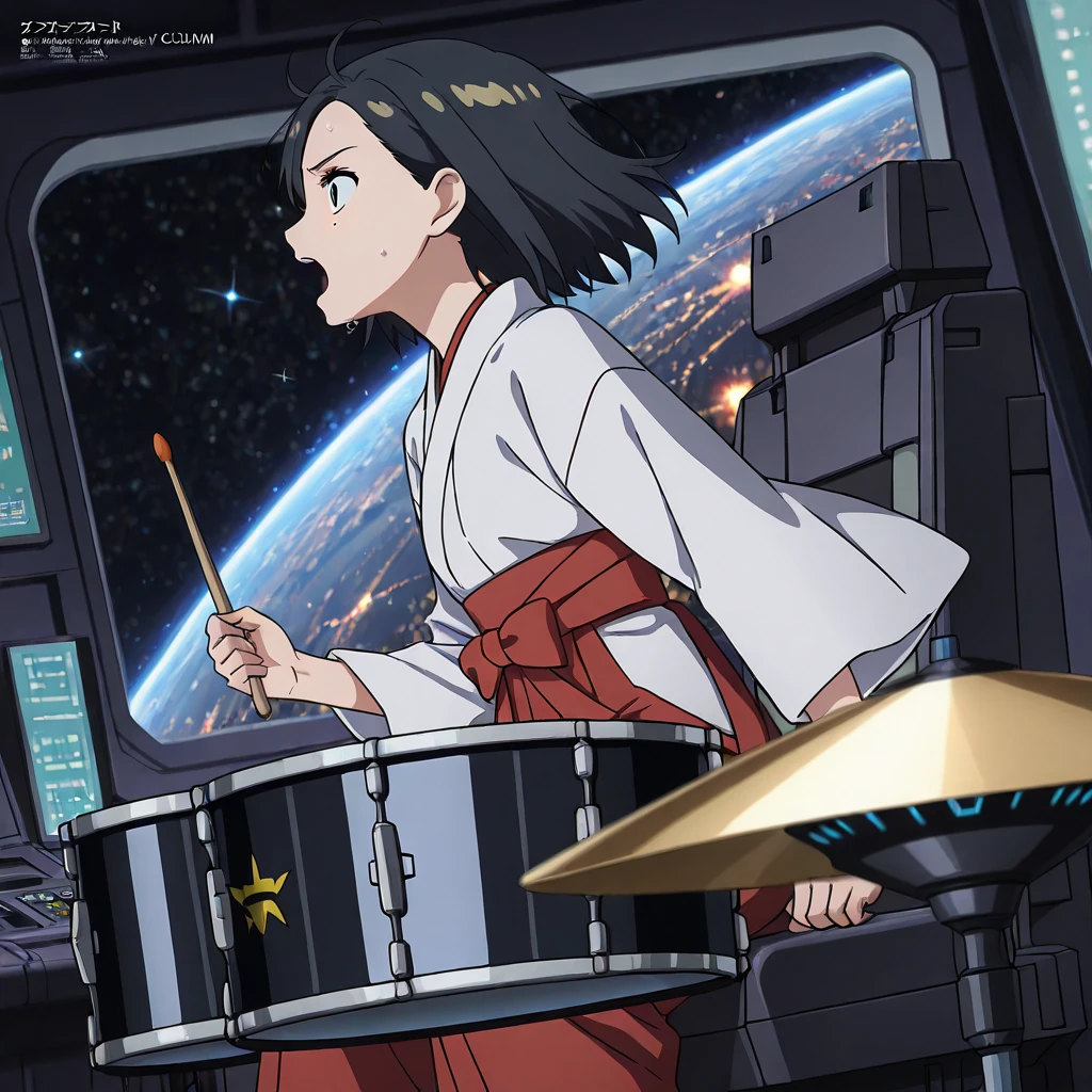 solo,1girl,Comoli_Harcourt, brown and blue eyes,green eyelines,  black hair, legs apart,dynamic angle,mole under eye, mole, short hair,cybernetic effect,sitting on chair in cockpit,sweat,wind lift,profile,screaming,open mouth,singing,rx-78-2 gundam in window screen,holding drumsticks motion blur,Playing taiko_drum ,drum set,Kick the cymbals,miko,kimono,stage,concert,space,best quality, ultra-detailed, 8k high resolution, official anime style, anime screencap, cinematic lighting, soft focus, bokeh, depth of field,extremely aesthetic, Megami magazine,Realstic,slim,HDR, UHD, (Highest Quality:1.2, 4K, 8k, very detailed, attention to detail, masterpiece:1.2, Best Aesthetics),official art, unity 8k wallpaper, Super detailed, beautiful, masterpiece, highest quality, top quality, great quality, very aesthetic, high definition , Ultra Details, absurd, up to date,Ultra High Definition,Ultra High Resolution