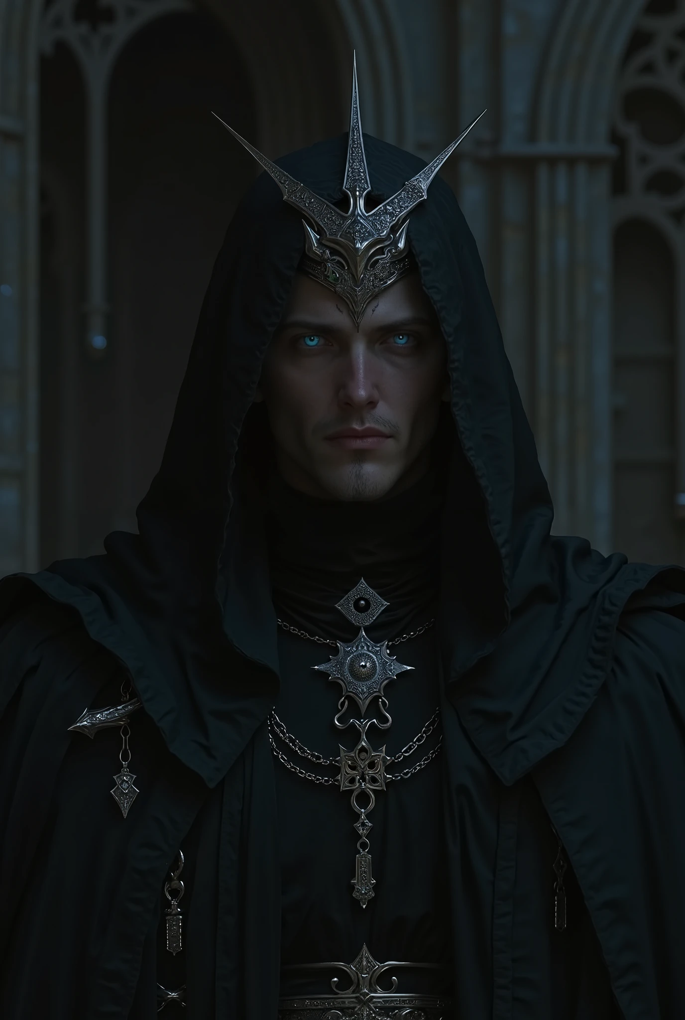 ((masterpiece)), ((top quality:1.2)), high definition, 8 k, (ultra_realistic:1.3), (photorealistic:1.4), Incredibly attractive, muscular man, dark warlock king, height 190, On it ((long, a deep hood made of thick fabric , , completely covering his head and falling on his shoulders , There is a black steel crown on the head, gothic, with thin chains and mystical engravings, superimposed on top of the hood ). The man has a square face with a clear jawline, serious face, male , Brutal. ((almond shaped blue eyes:1.4)), ((clean-shaven:1.4)). hair short, blond, age 30 years. Man tall , massive, wide, strong chest, ((emphasized abdominal muscles and perfectly pumped arms:1.5)), detailed skin texture, beautiful fingers. (Background — dark throne room, massive stone walls , tall gothic windows, faint moonlight breaks through , massive iron chandeliers cast long, ominous shadows. The ceiling is lost in the dark, , the arches are decorated with metal plates with ancient runes. The lighting is cold, dark )