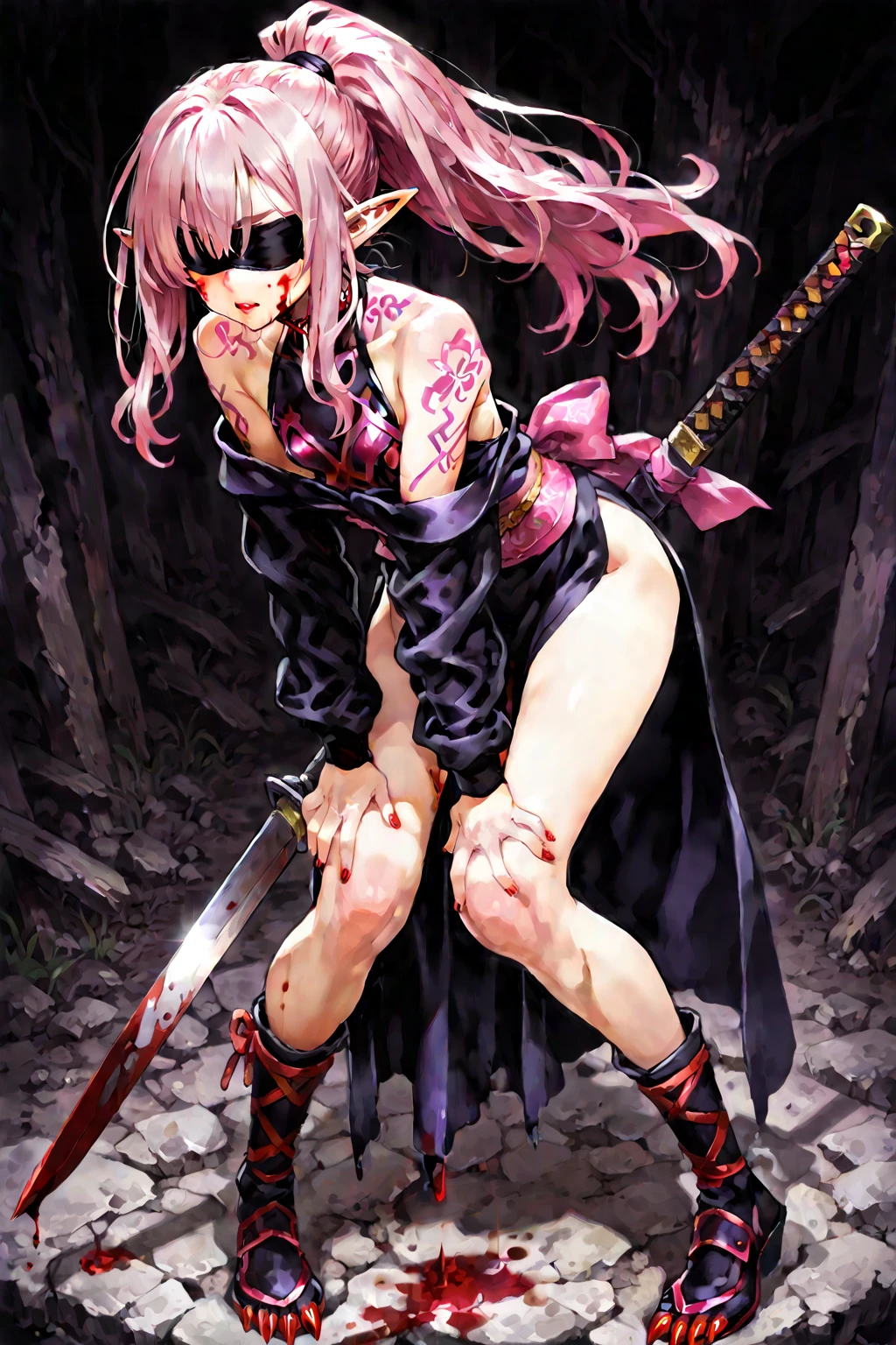 Long pink haired naked woman with legs spread holding a katana anime 8k