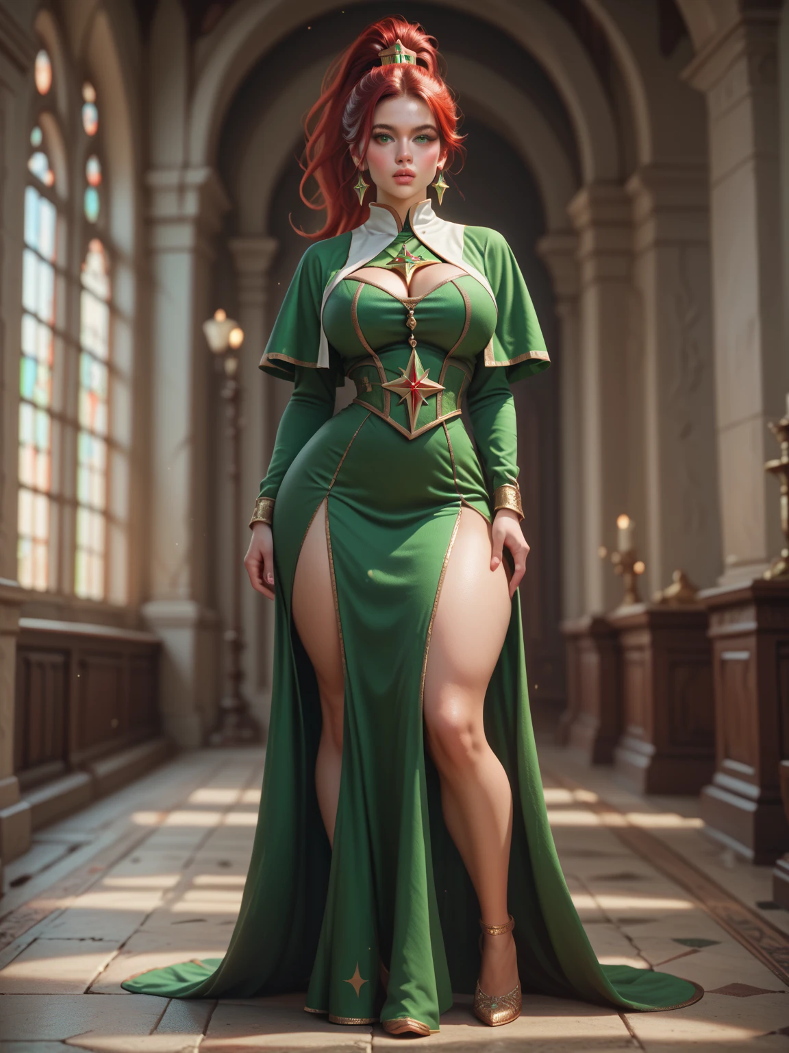 , woman, ((Masterpiece, best quality)), full body view, bursting huge breasts, detailed skin, Anna from Arendelle, highly detailed, cinematic lighting, ultra realistic, blush, looking at viewer, Anna, red hair, blue eyes, huge breasts, tall body, long sexy legs, perfect body, wide hips, sexy pose, seductive woman, green-purple clothes