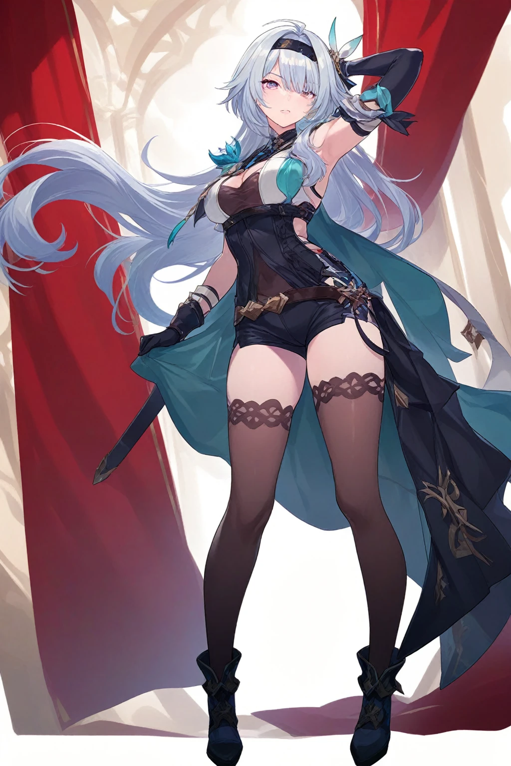 , (White Hair Girl), (Thick, dark blue eyebrows:1.4), (Dark blue eyebrows:1.7), (Thick eyebrows:1.3), (Huge black fluffy animal ears:1.1), (Black animal ears:1.1), BREAK, (((Mesh Stitching Crop T-Shirt, Cutout Long Sleeve Top))),BREAK, (Big Breasts:1.2, Thick legs, Adult female body, Sturdy body:1.5, Japanese style costume:1.5, Beautifully colored kimono:1.5,), ((Action pose:1.4 )), (sharp eyes, Ultra-high definition CG, Precisely designed costumes, 4K, 8K, Ultra-high definition CG, Precisely designed costumes, Clear lines, Expressive and Captivating Eyes, Fine Details and Realistic Textures, cinematic lighting), ((white background)), BREAK, (Wearing black leggings with holes), Skinny sleeves, (Torn and holey leggings:1.2)(Black leggings:1.4), (過剰なRuggedThick soleブーツを履いています:1.2), (Thick sole:1.5), (Big shoes:1.3), ((Beam SE, embarrassed))　