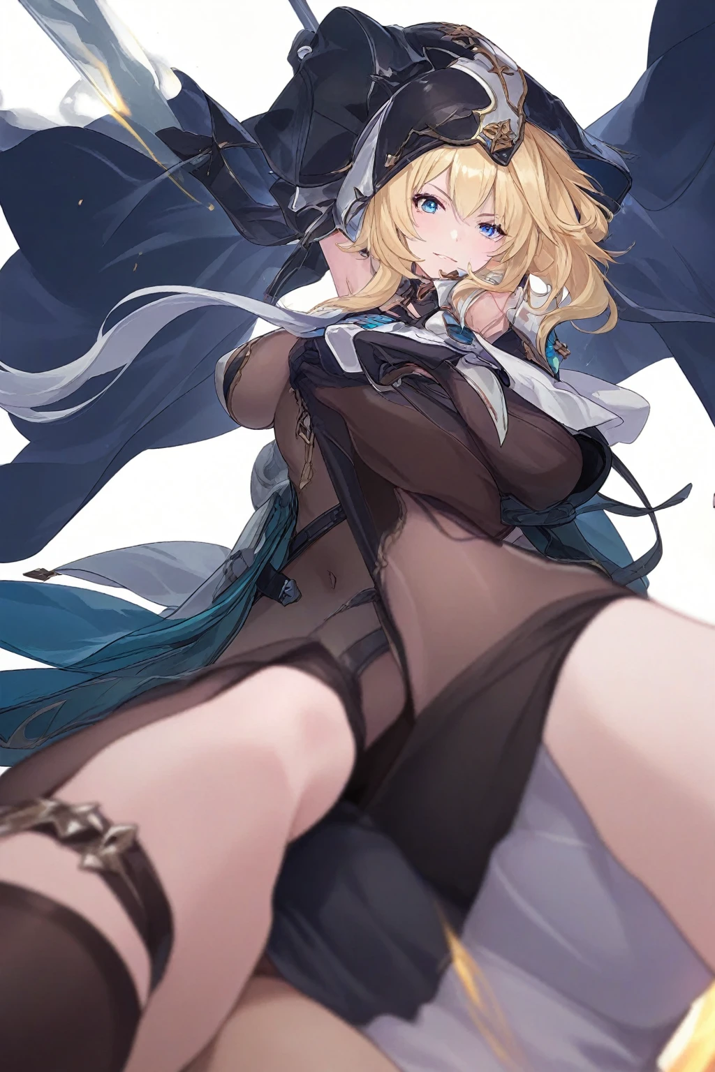 GRANBLUEfantasy,1young_teen_ girl,brown_hair,medium_bob_hair,platina_blond_hair,white_leotard,covered_crotch,thigh-highs,smile,standing,bluesky_landscape_background,slightly_spread_legs,happiness, short_gloves ,solo, navel,relicbuster,short,boots, blank_face,sitting,knees,blush,shy,piledriver,(crotch:1.3)