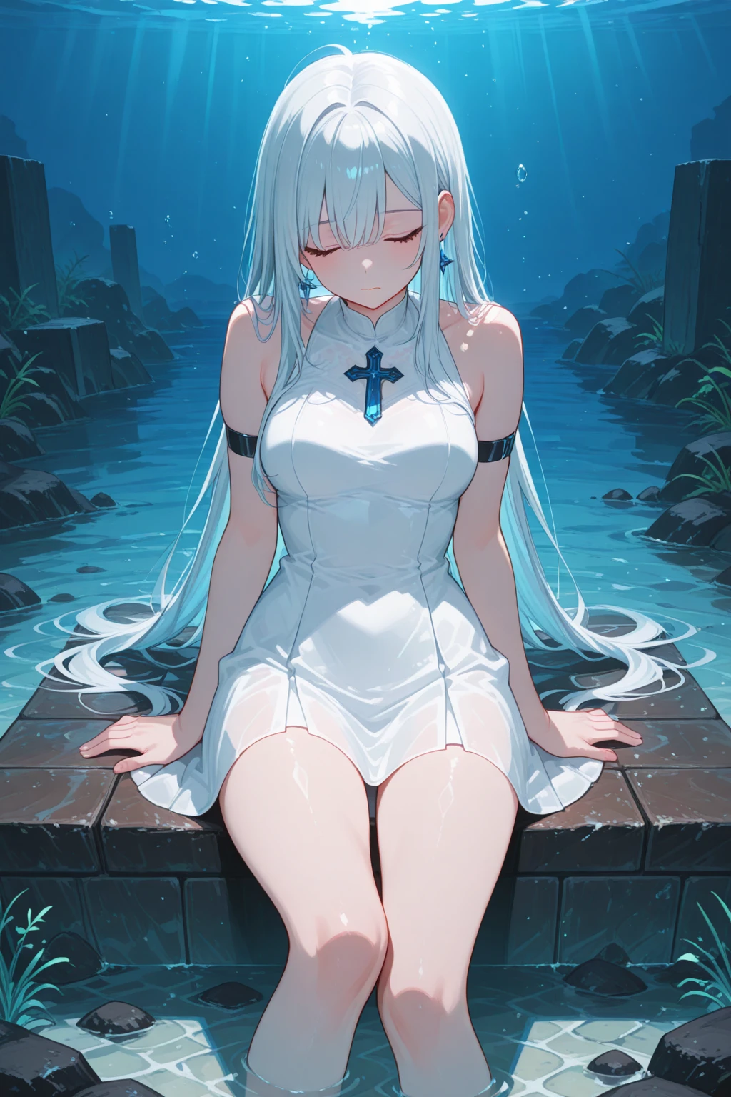 An anime teen girl, (((sitting on a river)), cinematic light, slim body with curves, skin is perfectly white, soft, (medium breasts), smooth, ((no nsfw)), Extremely delicate and beautiful CG illustration, best quality, high resolution, dynamic angle, full-length lens, (1 girl), floating, soft light, high-key lighting), glowing light, blue halo, feathers fluttering background, blue crystal, (((wearing a ((transparent: 1.7)) silk covering the ((entire body of the girl: 1.9)))))