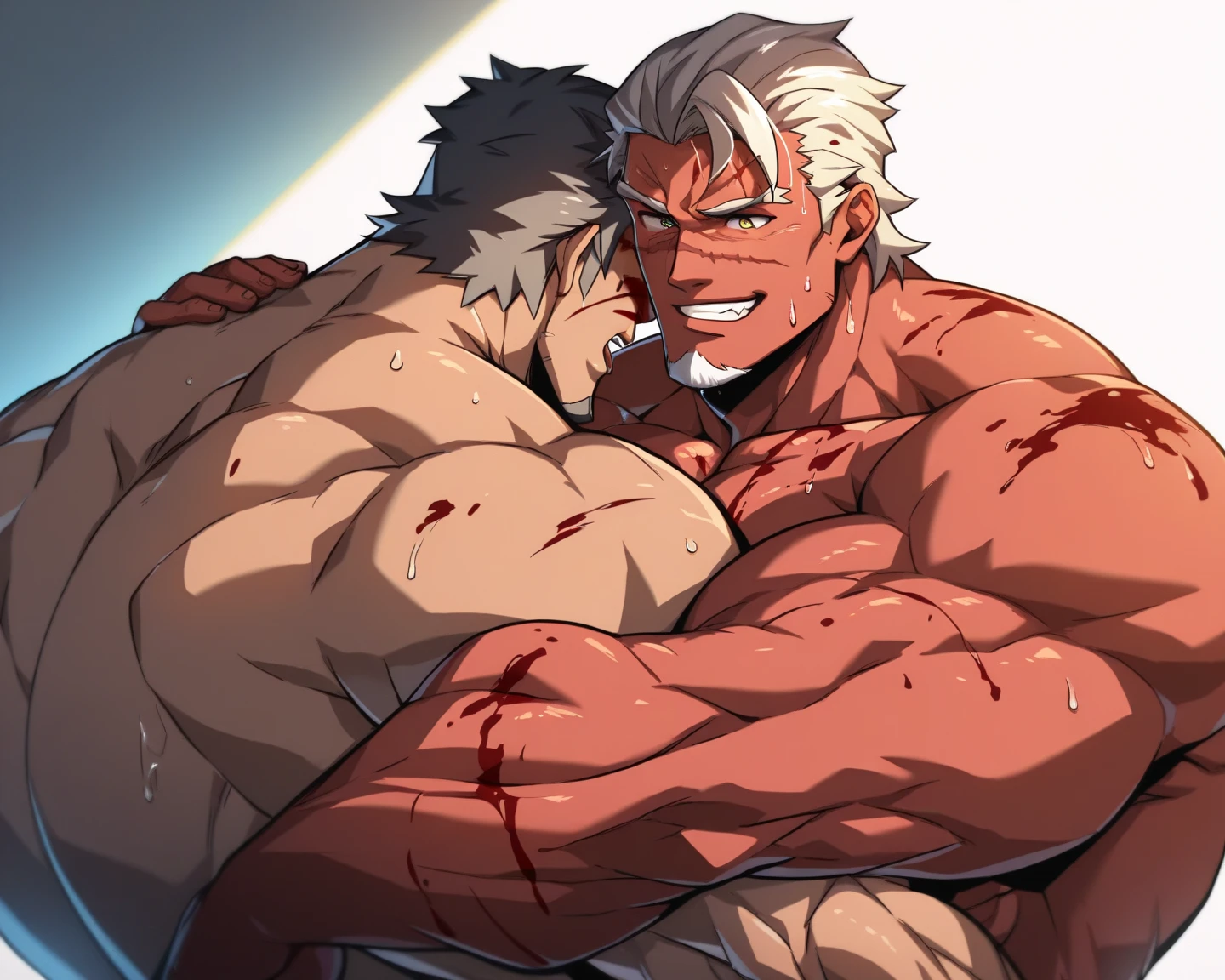 source_anime, looking down on viewer, intricate details, 1boy, young, scar_wuwa, male focus, multicolored hair, white hair, red hair,, tsurime, scar, seductive smile, toned male, sitting in the dark, dark room, indoors, sinozick style, from below, clothes off, penis visible, precum, muscular male, bara, pectorals, abs, no clothes, penis on hand, masturbation, no pants, no shirt, visible biceps, right hand on pectorals, muscle worship, standing up