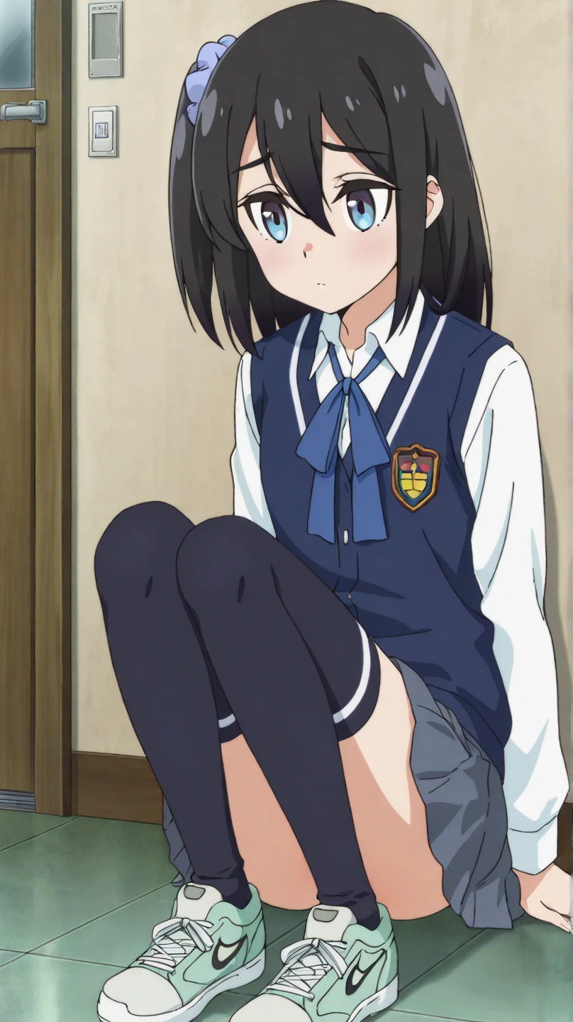 Smiling boyish girl wearing NIKE sneakers on bed Skirt spats in school uniform