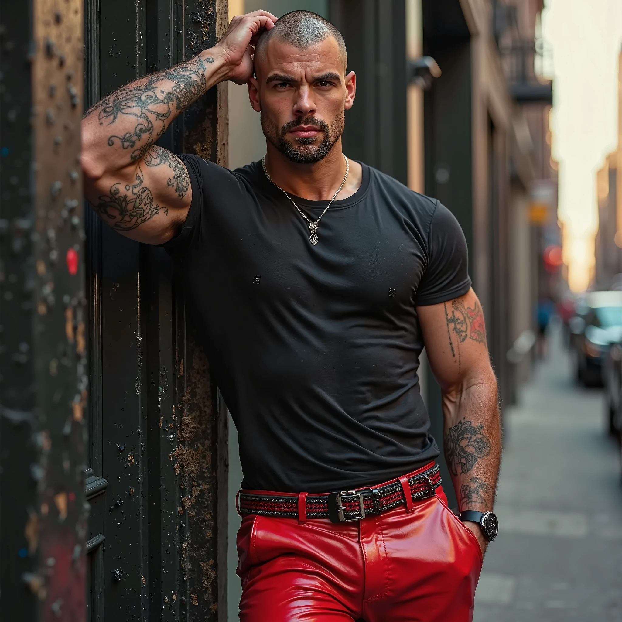 Fullbody standing picture of white skin Handsome  muscular nude sexy gay boy wearing skinny ripped  shiny vinyl maroon tights, shiny black Faux Hawk oiled hair style, soul patch under the lip, blue eyes, shiny varnished vinyl vans, red lip, chain, tattoos, horny, cum shot, sperm, milking penis, very big muscular penis, very big testicle, smile, shiny oiled skin, oversexed, standing at room.