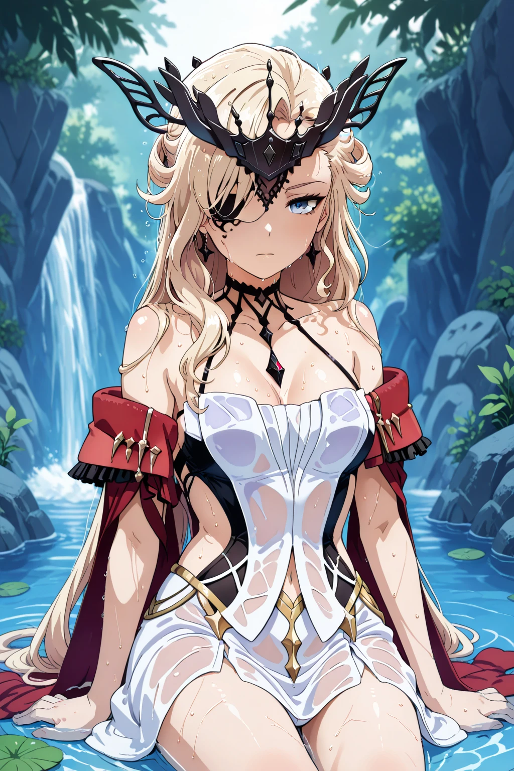 Masterpiece, best quality, highly detailed, highres, 8K, natural lighting, 1 girl, blonde hair, ruby eyes, large breast, she wet, sexy pose, camera from under, outdoor, (Full body shot:1.1), detailed finger shape, the number of fingers is not excessive