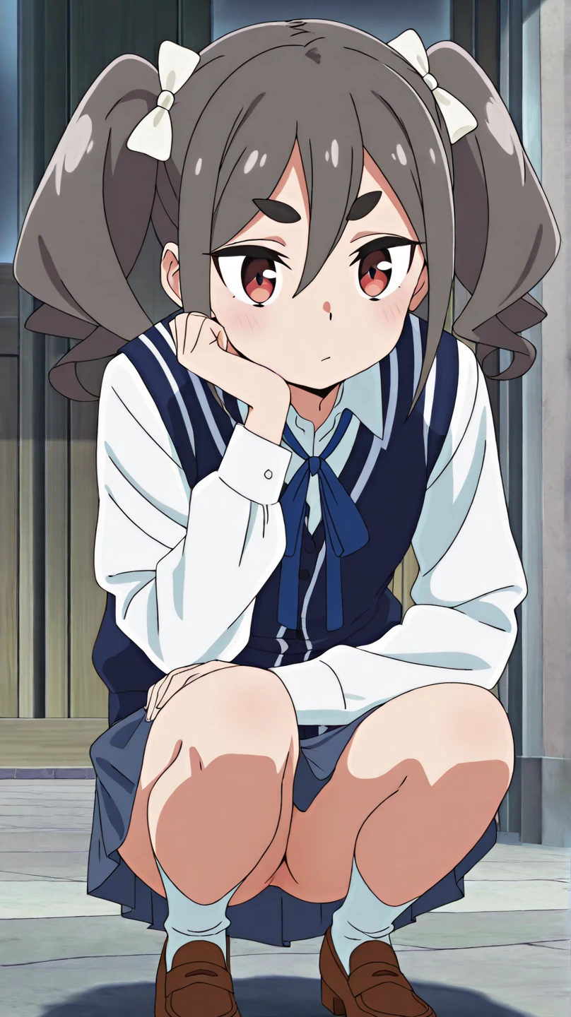 a sailor suit、skirt by the、White panties are visible、Calm face、Cheek pink、crouching down、light brown hair、Schools、