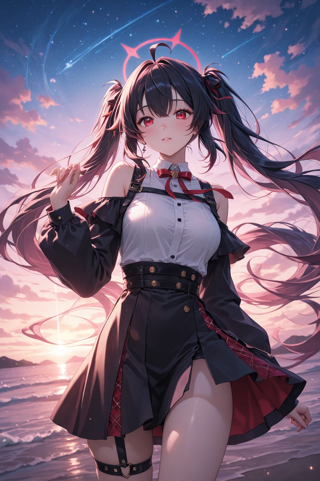 (Superlative work of the creator god: 1.4), (Absolute resolution: 1.4), (God of art's masterpiece: 1.4), Surrealist work, (Complex, detailed and realistic materials, textures, light sources: 1.3), (Perfect Anatomy: 1.2), Create a digital illustration of a character at a poolside during sunset. The character is a young woman with a warm skin tone, featuring long, wavy dark hair with a side ponytail adorned with red flowers. She has large, sparkling eyes, rosy cheeks, and a bright, friendly smile. Her attire includes a translucent, puffy-sleeved blouse, and a burgundy plaid skirt. The blouse has ruffled edges and is worn over a dark red corset that accentuates her figure . She is standing with her arms crossed, giving off a confident yet welcoming vibe. The background is filled with the soft glow of golden hour sunlight reflecting off the water, with blurry lights suggesting a distant cityscape. The atmosphere is lively yet relaxed, capturing the essence of a warm summer evening. The aspect ratio for the image should be portrait., standing with thighs spread out, smile, seductive genius, super detailed skin, (best lighting by famous artist: 1.2), 8K, (Acting instruction on attractive poses by famous masters: 1.4),