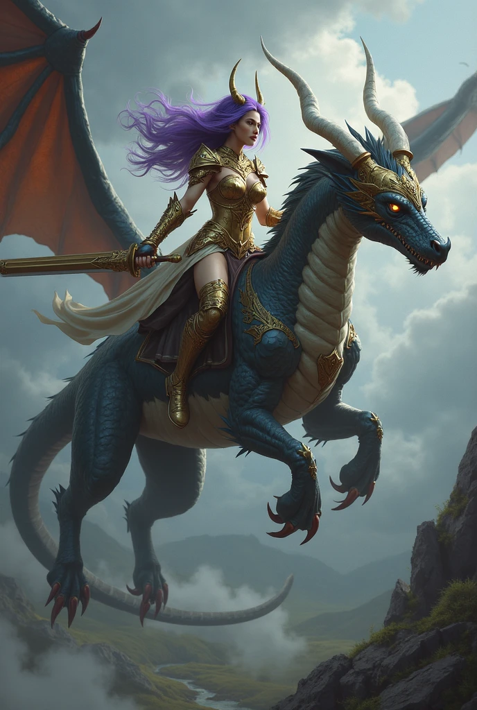Woman riding a dragon in the evening Orange sky