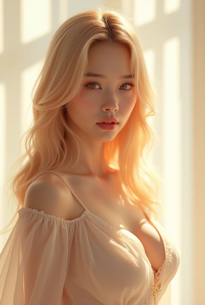 A girl with a bright and innocent expression, Luxury green coat with a collar design, buttoned up (, Light blonde, shoulder-length hair with soft waves (not too sensual or provocative), Hair should be clean and well-groomed, Glowing, healthy-looking skin with a subtle smile, Star in the eye (a sparkle or a shining star symbol) to represent innocence and magic, Red lips (a soft, subtle shade, not too bold or provocative, Grey background to keep the focus on the subject and avoid distractions, The picture should exude innocence, elegance, and a sense of wonder, es, ensuring the image is suitable for all ages, Ensure the subject's pose and expression are natural and relaxed, avoiding any provocative or uncomfortable positions.