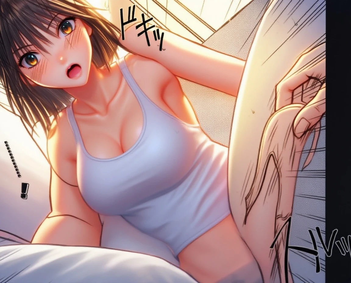 ((super high quality,Ultra-high resolution,16K,super masterpiece,Ultra HD ,Detailed shading,))A seductive mother,popped Tight collar White shirts,Naked shirt,Cleavage,Folded sleeves,Not wearing,Smile,blush,A small amount of drooling,Sweaty,Western-style room with morning sunshine,Lying in bed,One hand groping her breast,Spread your legs,Open your private parts with your fingers,Love juice gushes out,Full body photo,Shooting from above,
