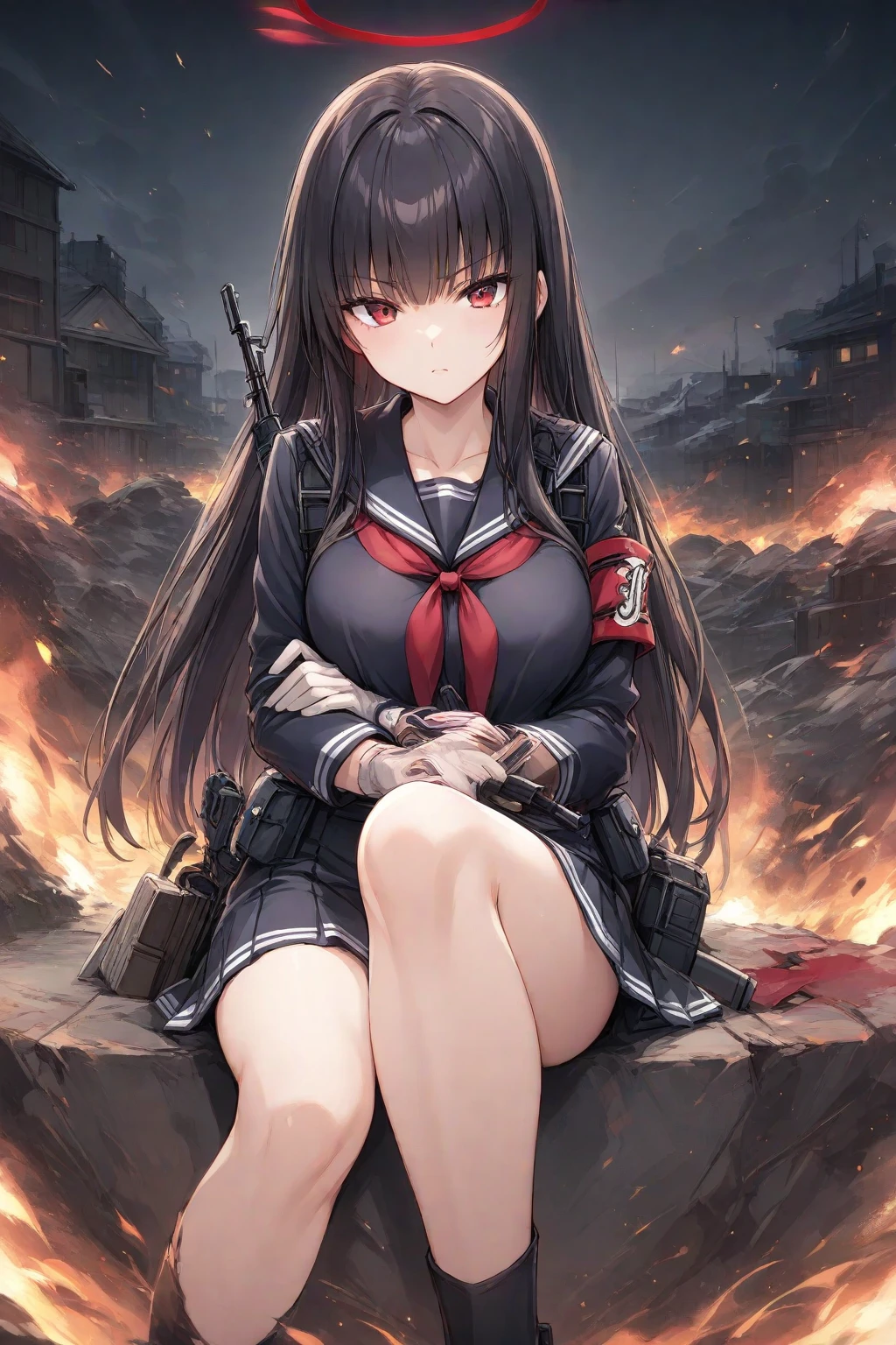 Anime Kawaii sexy Perfect Slim sensual body large breast and huge thighs, An intricate and highly detailed illustration of anime (Young girl). 1 girl, zombie, black hair, ponytail, red eyes, wearing glasses, nurse hat, medium bust, sweating, thigh-high black boots, standing, (best quality,4k,8k,highres,masterpiece:1.2),ultra-detailed, anime:1.37),horror,dark fantasy,dynamic pose,dramatic lighting,cinematic,moody atmosphere