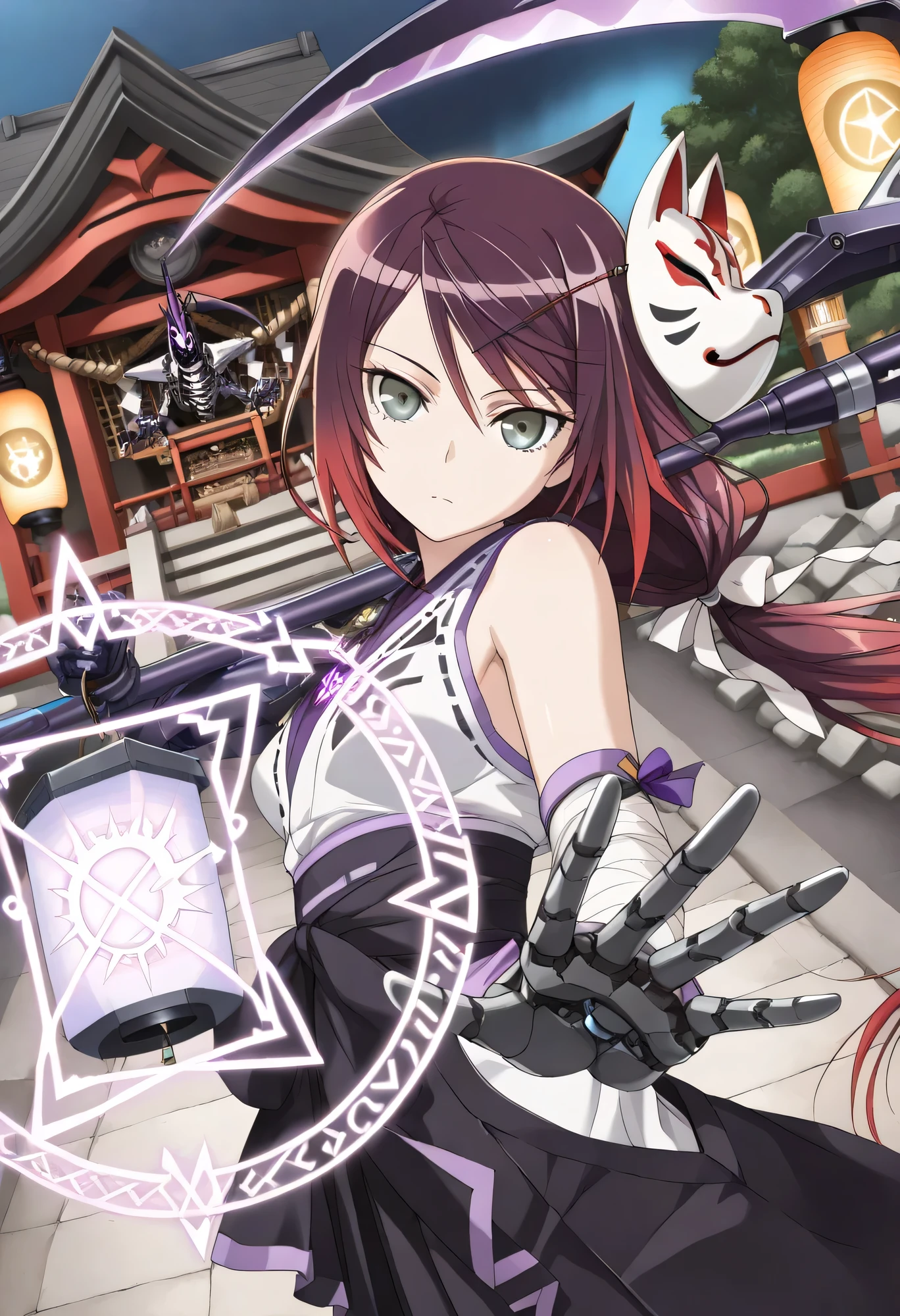 animation style, (masterpieces:1.2, Superb Quality), (Delicate and Beautiful Eyes: 1.2), (Beautiful, detailed face), 1girl, dynamic angle,  I bandaged my hands, Action pose, close-up, From the side,  holding lantern, futuristic lantern, Glowing lantern, A mechanical arm with a futuristic light, A mechanical arm with a wire, ((dark purple highlight, A lantern with a futuristic light, mechanical skeleton device, futuristic purple highlight, futuristic sickle, A lantern with a dreamer's trap, dark purple sickle, A mechanical skeleton with a shoulder {x} A sickle with a neon laser blade {x} A scythe with a neon laser blade, one luminous eye, shrine, magic runes, magical effects, Shining Rune, purple runes,  fox mask ,  fox mask  with purple trim)), expressionless,head tilt, thin, Use spells on chest , magic, fantasy, gray eyes, Dark Red Hair, dark purple highlight, Radiant Highlights, various devices, Swept off bangs, half-open eyes,  lashes, long hair, low twin tail, WHITE RIBBON , thin, Small Boobs, ((dark purple sickle, beautiful black hakama)), showing shoulders,  close-up, Upper body, shadow-like aura, Outstretched hands , From the side, shrine, hill, shiny wires on the ground, Dark aura, black purple sickle, futuristic city background, some trees,