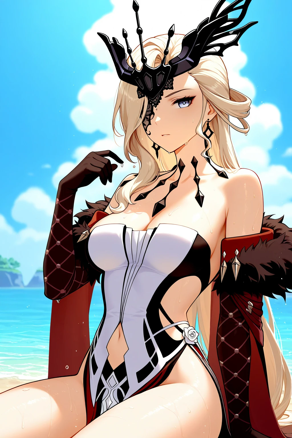 1girl, bare shoulders, black mask, blonde hair, cleavage, collarbone, slingshot swimsuit, earrings, eyepatch, huge breasts, jewelry, large breasts, long hair, looking at viewer, makeup, mask, one eye covered, purple eyes, signora \(genshin impact\), smile, solo, upper body, outdoors, beach,(masterpiece:1.4),(best quality:1.4),(shiny skin),red lips,mature female