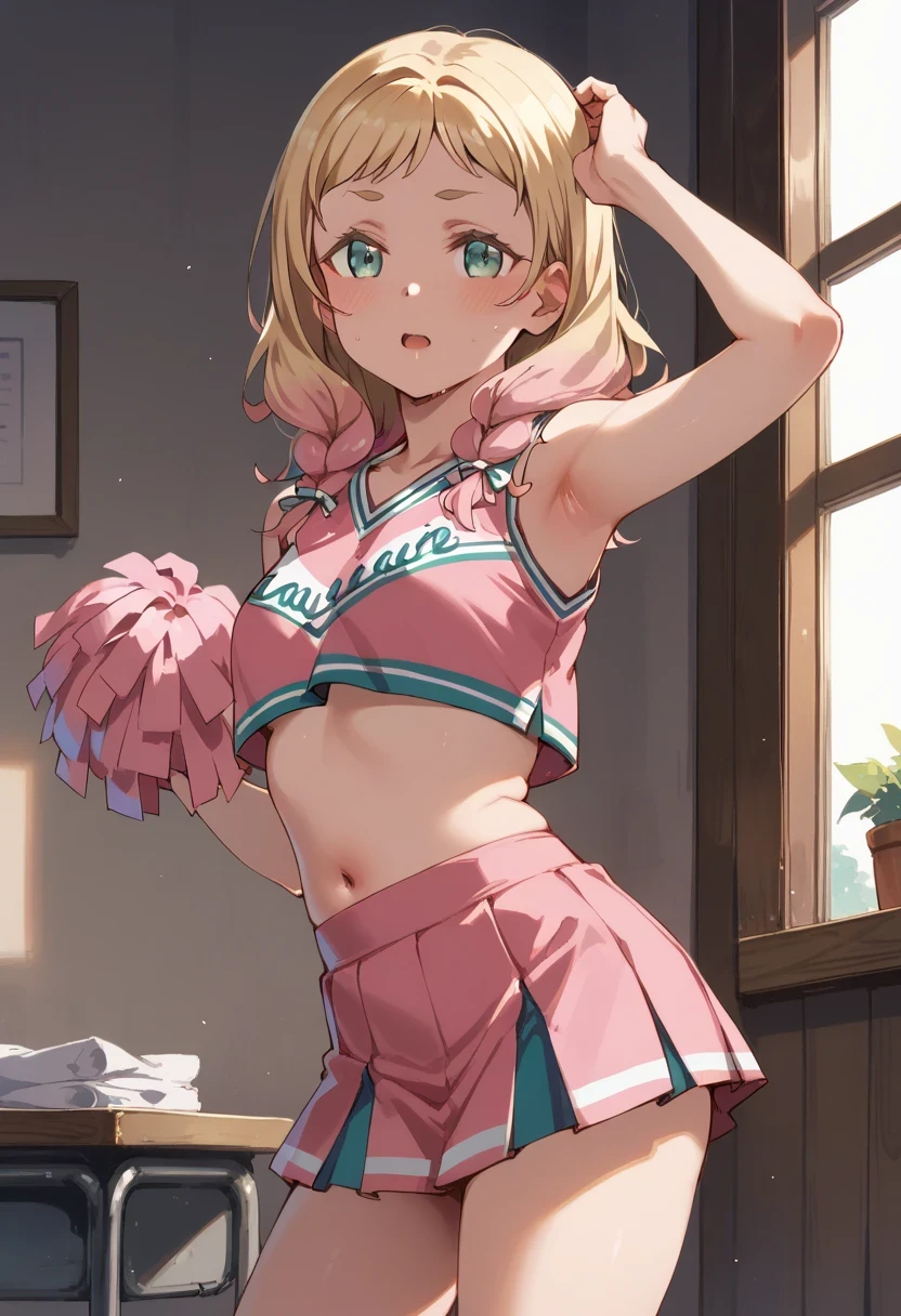 An image of Natsumi Onitsuka blushing, small blouse that reveals the pink navel and the short skirt of a cheerleader standing in a room