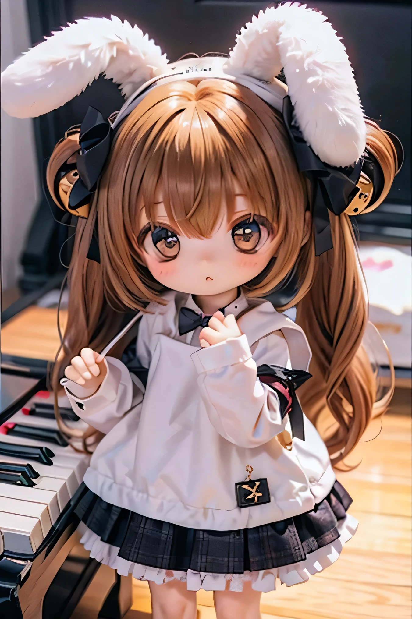 Best image quality, detailed eyes, a cute little 5 year old girl happily playing the piano, smiling very happily, amazingly big and bright eyes, long eyelashes, long chestnut hair, very A cute girl, a happy smile, the best smile, a friendly and happy smile, lilies blooming outside the window,