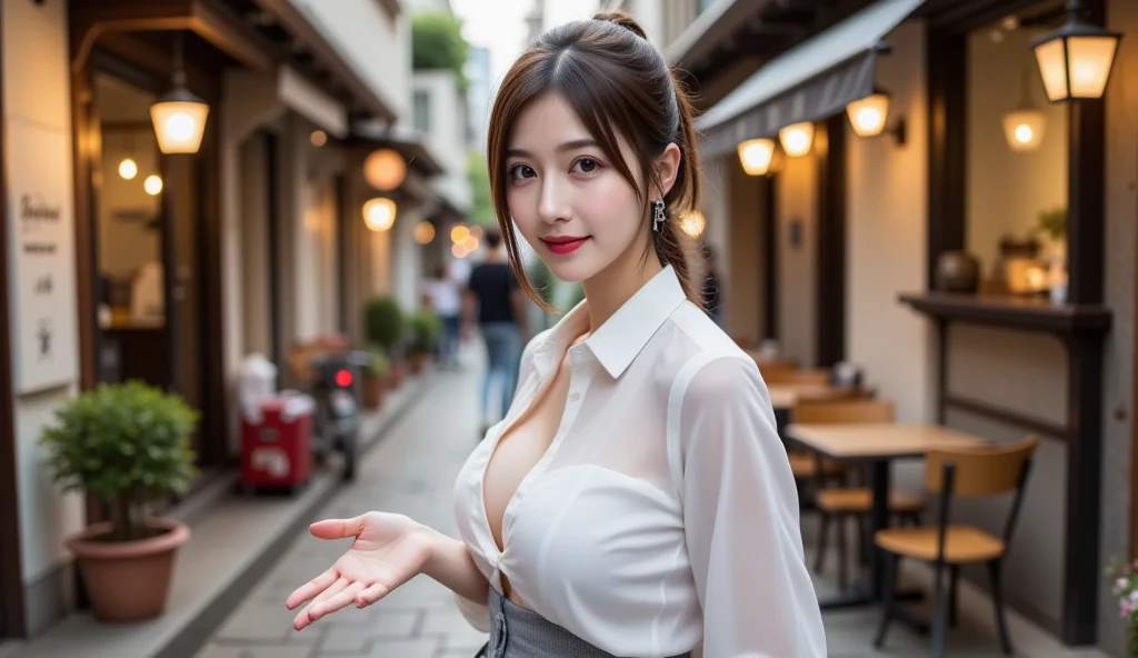 (((Practical photography))),, portrait, (Happy face:1.3),, beautiful girl, Looking at the audience, , (Uniforms:1.2), Button up your shirt and pants, , (Full cleavage:1),, in japanese street, (environment details:1.3),, (original photo, CG Unity, photography, ultra Practical details, Clear focus, Delicate skin,4K, High resolution, masterpiece, best quality, Practical, Energetic:1.2),, (8k,4K, Ultra HD, high resolution, professional, Movie, Movie, dramatic),, (Anamorphic depth of field blurred background), Detailed background,