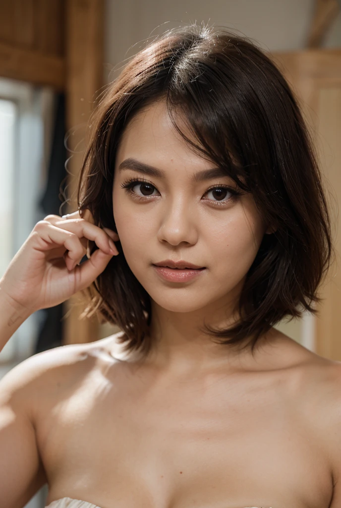 beautiful girl with black Asian hair, medium bob haircut, curly hair, sexy, pale skin, very realistic. selfie, yellow hoodie, relaxed, easy going, fun, cute, funny face, happy, she is getting ready for bed, in bed room, night time, mirror selfie, goodnight,