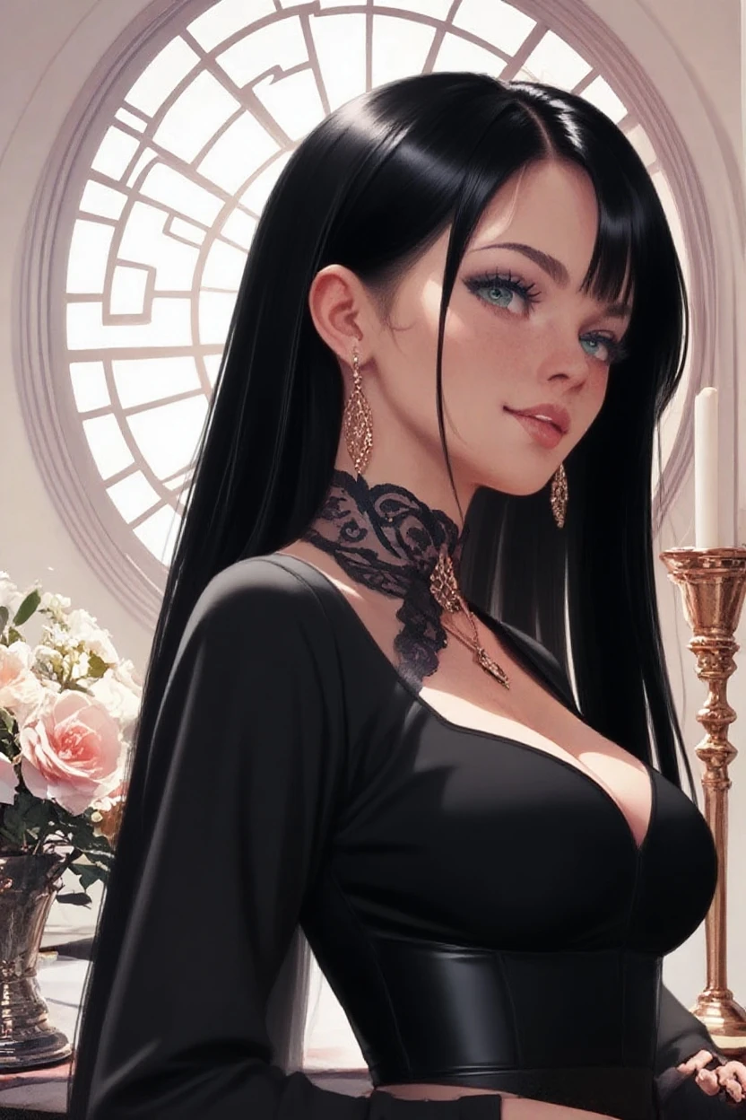 ultra realistic 8k cg, masterpiece, ((ultra detailed background, delicate pattern, intricate detail)), (highly detailed, fine details), best quality, 1girl, (photorealistic:1.4),beautiful lighting,  absurdres, RAW photo, film grain, ((medium breasts, slim girl)), NicoRobinV2, 1girl, black hair, long hair, solo, medium breasts, smile, sunglasses, blue eyes, eyewear on head, cleavage, closed mouth, hair slicked back, jewelry, collarbone, (black dress, black clothing, expensive dress, jewelry, gloves), (complex detailed background, inside, restaurant environment, night, night time, amazing lighting, expensive interior, table, tasteful interior design, windows, chandelier, wine glass, wine bottle), ((bare shoulders)),
<lora:BeautifulDetailedEyes:0.7>,  <lora:DetailTweaker:0.5>,  <lora:NicoRobinV210:0.8>