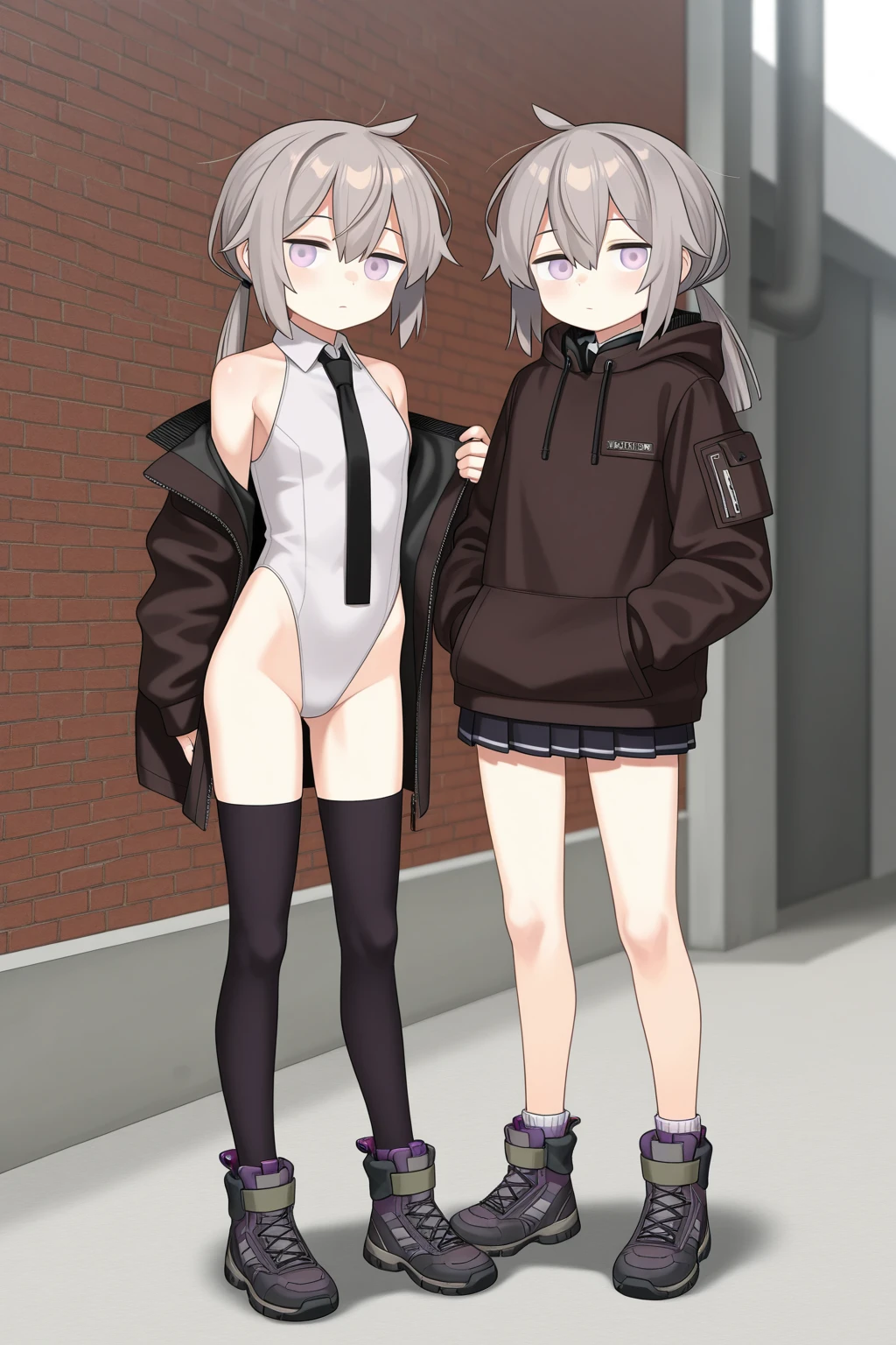 nsfw, 2 girls, topless, pussy,Blonde and silver haired twins, Twin tails, On the road、autumn leaves, coat over naked, From below,smile