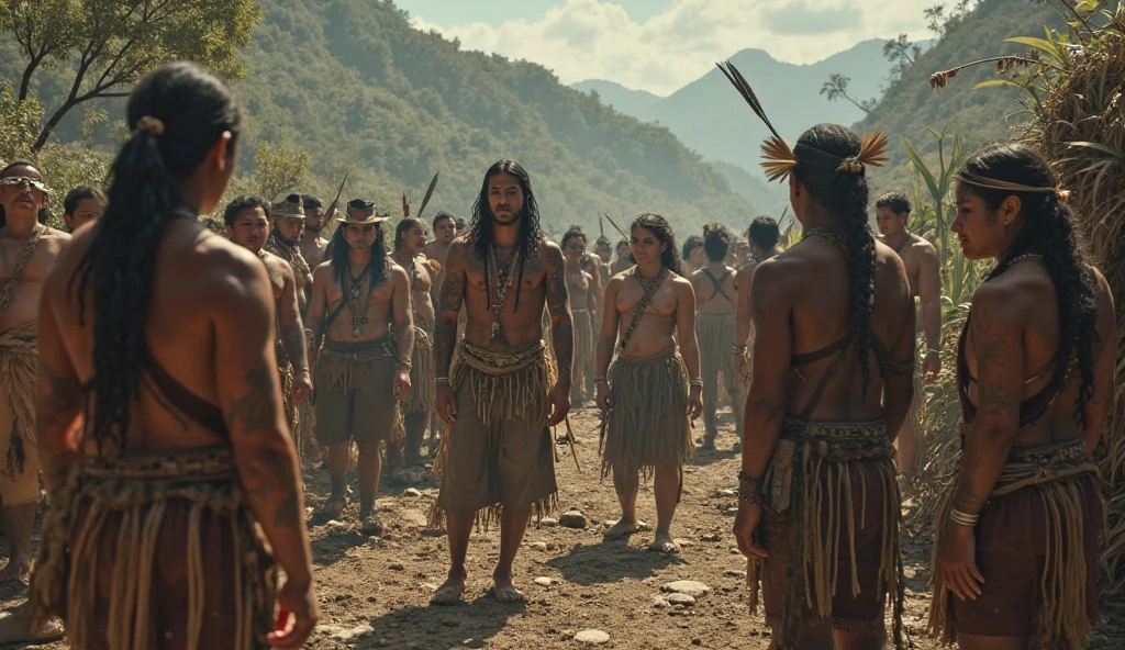 Taíno indigenous men with tailcoats and spears prepared for a battle HD in color, con colores vivos. and a film shot.