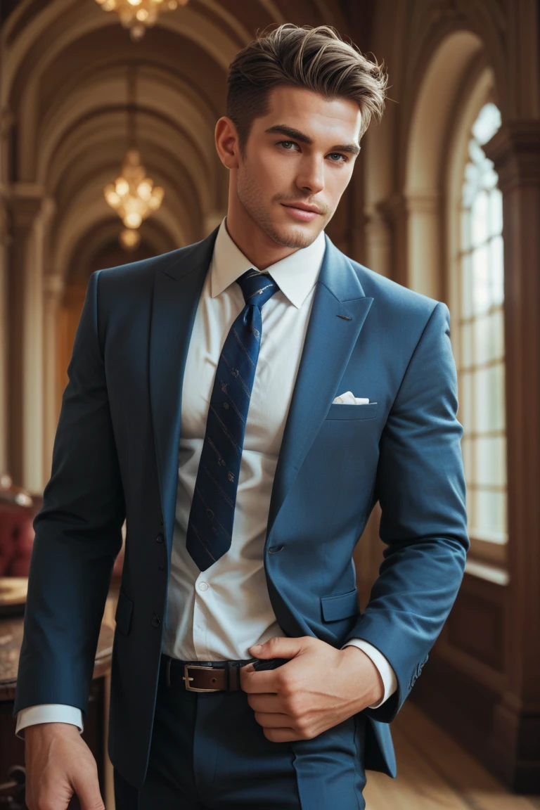 Blonde girl with blue eyes Men's clothing And a strong personality