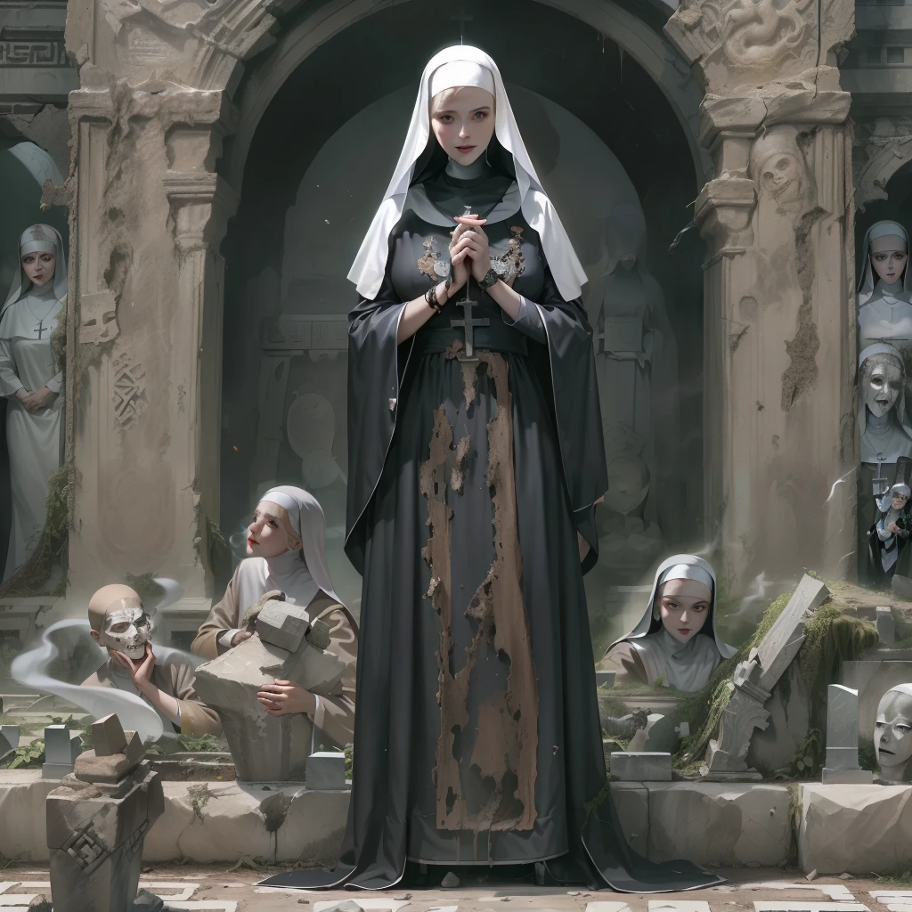 Dark cemetery、Silversmith Nun、ighly detailed、The female body with attention to detail、Beautiful skins、Clear skin、Well-proportioned body、Soft breasts、Shiny body、Dark cemetery、Spotlights illuminating the nuns、cinematlic lighting、highcontrast、masterpiece、top-quality、Top image quality