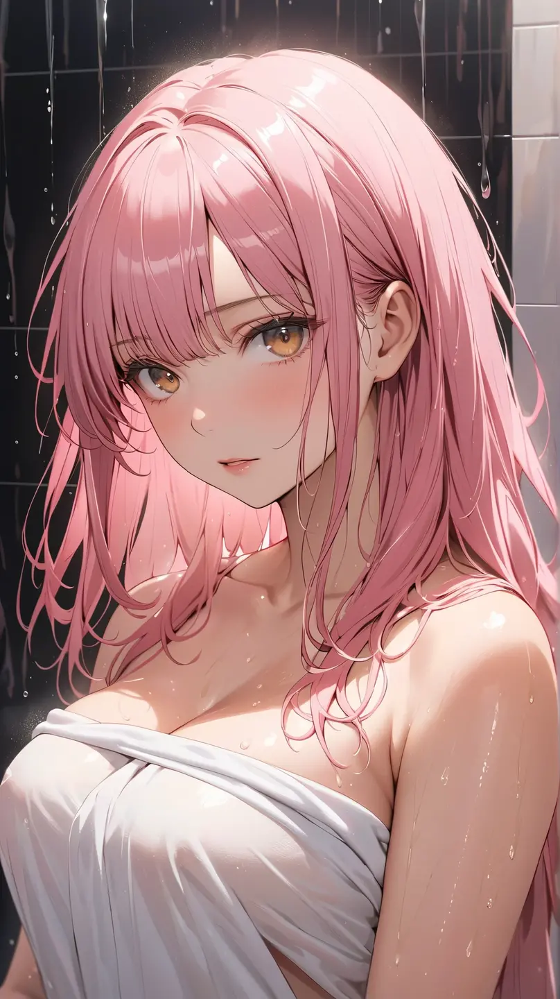 woman, pink hair, long hair, open forehead, no bangs, blue eyes, big breasts 
No clothes, white towel on the body 
bathroom, 
