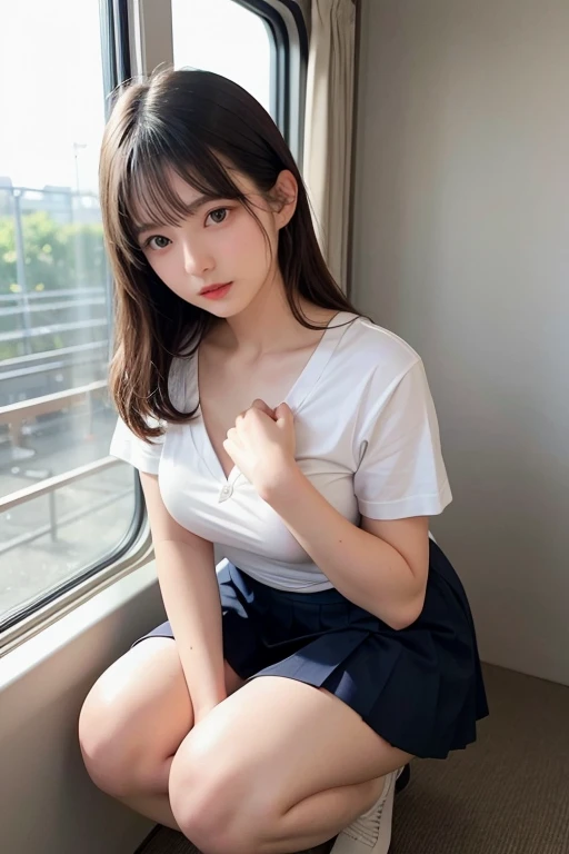 (((Accentuate your sexy bust:1.75)))、(((Sexy Knee High:1.35)))、((((Emphasizes sexy crotch:1.35)))、((((Spread your legs wide、Touching the thigh、Lots of pubic hair revealing the crotch、large pointy breasts))))、((Boyfriend and girlfriend having sex in missionary position:1.5))、((Sexual pose:1.5))、((Spread legs POV:1.5))、、Browsing Caution、（Humans are biologically correct、reference） 、 lose extra limbsslim limbsextra numbersmutated hands and finger fusionfingersslim bad handslong necklong body anatomybad deformationbad deformation no extra breasts、Not Futanari、masterpiece, Highest quality, One Girl, (Beautiful girl, Delicate:1.3), (:1.3), Very fine grain definition, (Symmetrical eyes:1.3), (Inside the train:1.2), (Seraphim, Short sleeve, White shirt, neckerchief:1.3), Small breasts, Brown eyes, Parted bangs, Brown Hair, Petit Girl, (Eye and facial details:1.1)