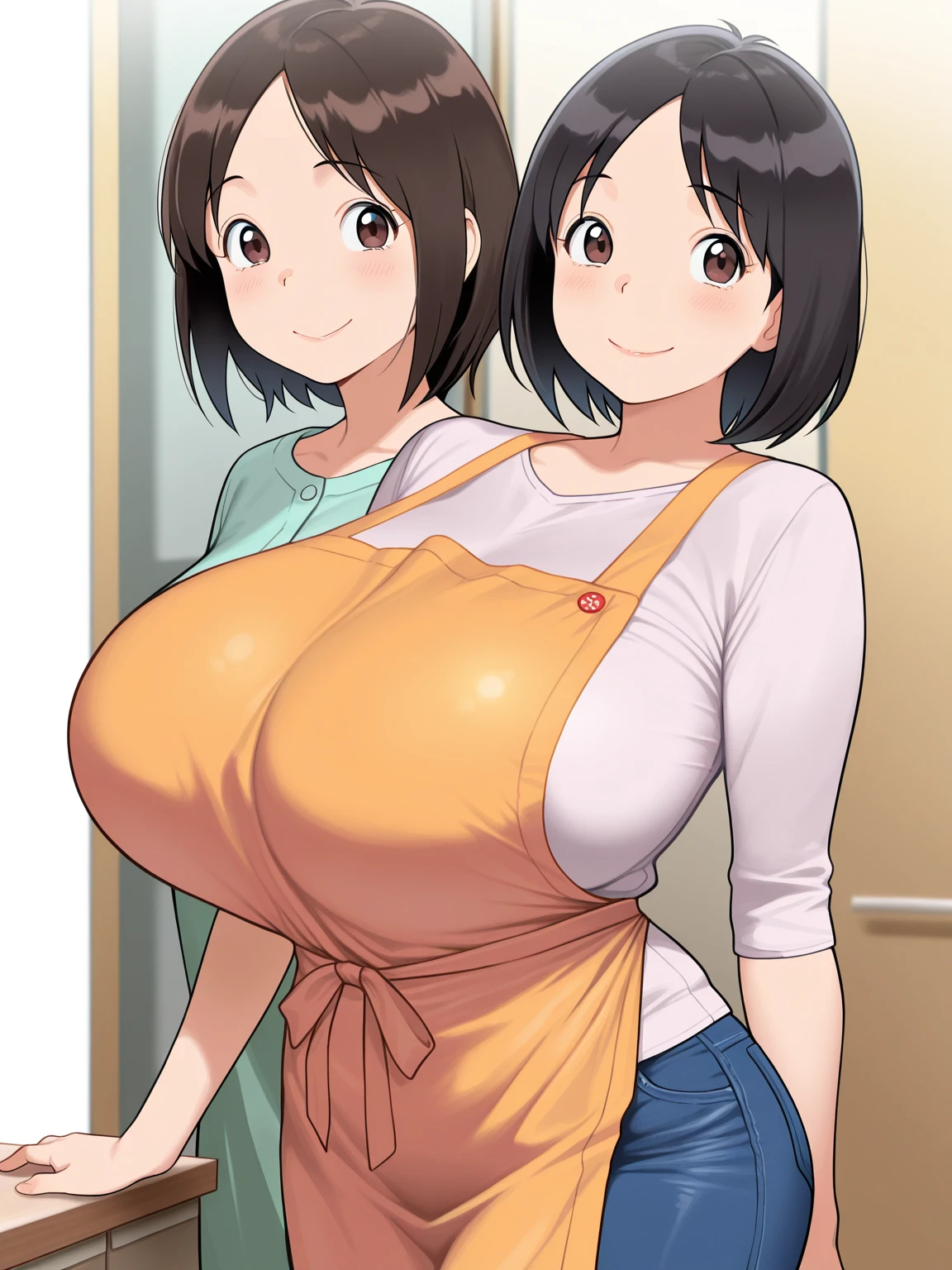 score_9, score_8_up, score_7_up, score_6_up, score_5_up, score_4_up, (source_anime), 2girls, (( white woman, long black hair, big breasts, Withered breasts, Sagging breasts,  
mature woman, dark nipples, brown nipple, Black panties, revealing baggy white shirt )), Distant vision, Low Illumination, Dark, her little daughter sucking breast, ((Little ??? girl, Skinny, tiny tits, ???, tiny ass, tiny, short brown hair, sucking breast) age difference, big size difference, forced, rape, Aggressive, Kitchen, breast milk