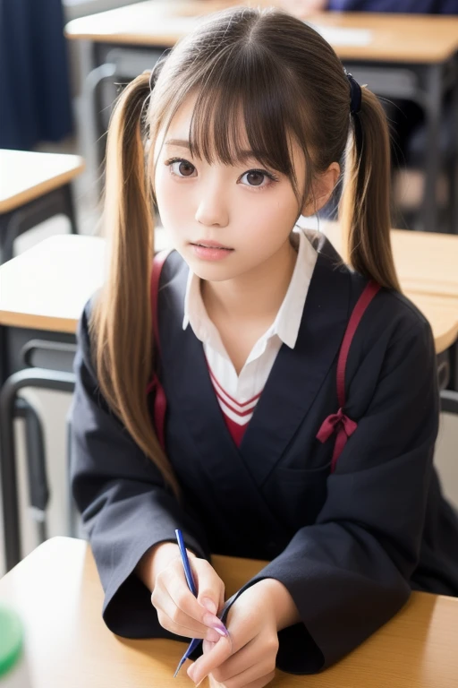 1girl,cute japanese girl, solo, mole under mouth, big eyes, long eyelashes, beautiful face, beautiful skin, hazel eyes, beautiful eyes, japanese girl , ((School uniform, colorful tie, plaid skirt)), white shirt, white see-through sleeves, Elegant very long Hair, curly hair, twintails, looking at viewer, Smile, portrait, (best quality,8k,masterpiece:1.2),ultra-detailed,(realistic,photo-realistic:1.3), soft lighting, side for face warm lighting,sitting classroom desk,blush,smile, open mouth,