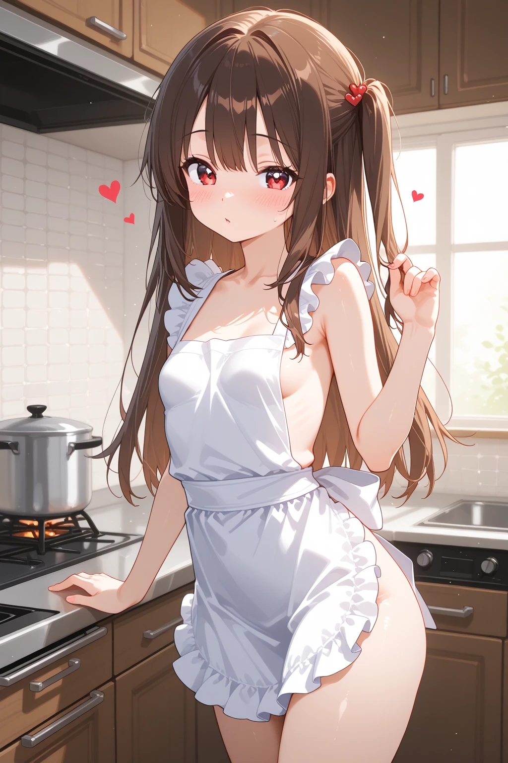 Detailed Background, masterpiece, 最high quality, One girl, Hakurei Reimu, Brown Hair, Hair Tube, Hair Ribbon, Brown eyes, Very detailed, high quality, summer, Take off, No clothes, Completely naked, window, Medium Chest, Mouth closed, sunlight, Lips parted, Backlight, whole body, From below, masterpiece,Naked and wearing an apron, Cute white apron, Frill apron,
