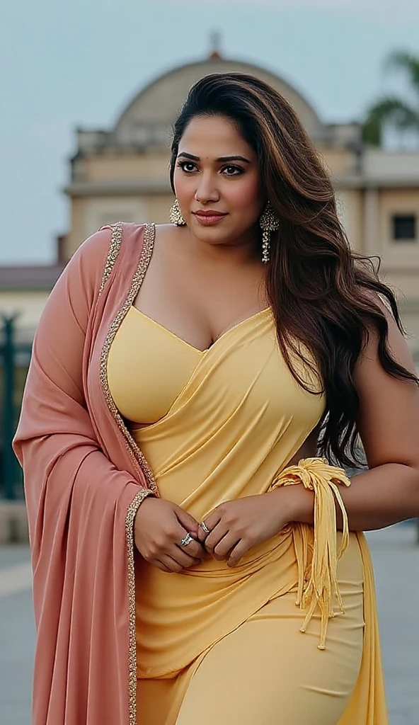 Outdoor image of 21yo in school school photo in school masterpiece, (photorealistic:1.7), best quality, beautiful lighting, Eleanor Latino Woman 20yo Old Big Breasts Plus Size Model random colour beautiful eyes extremely high Bun long extreme curly hair Lifts wearing Indian flowers ethnic enegance princess salwar kameez. Flowers on hair (closeup view)